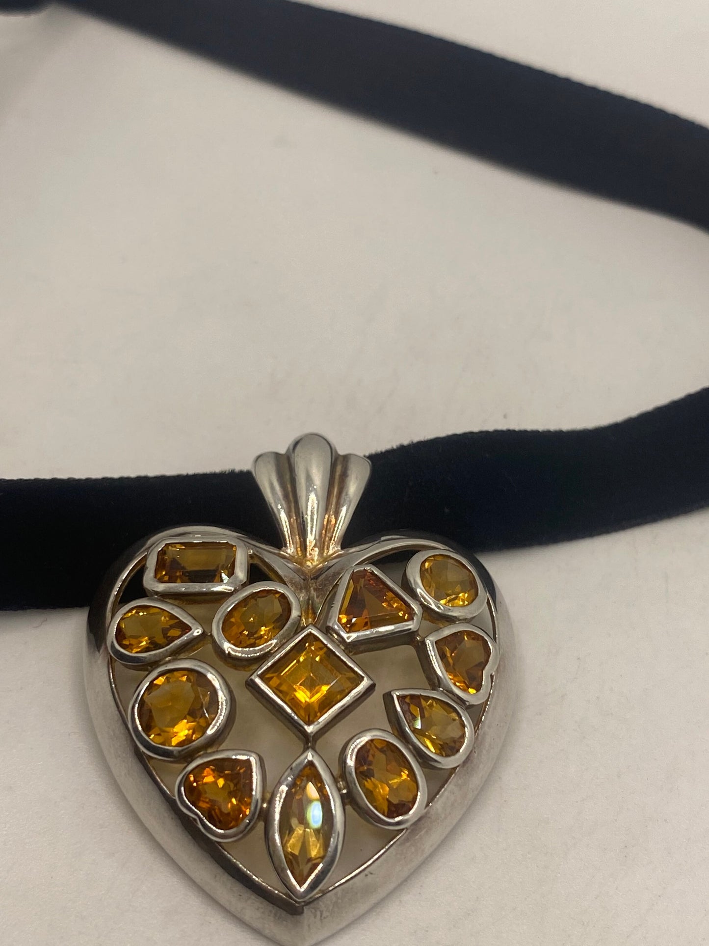 Vintage Sterling Silver Golden Lemon Citrine Heart Choker Pendant