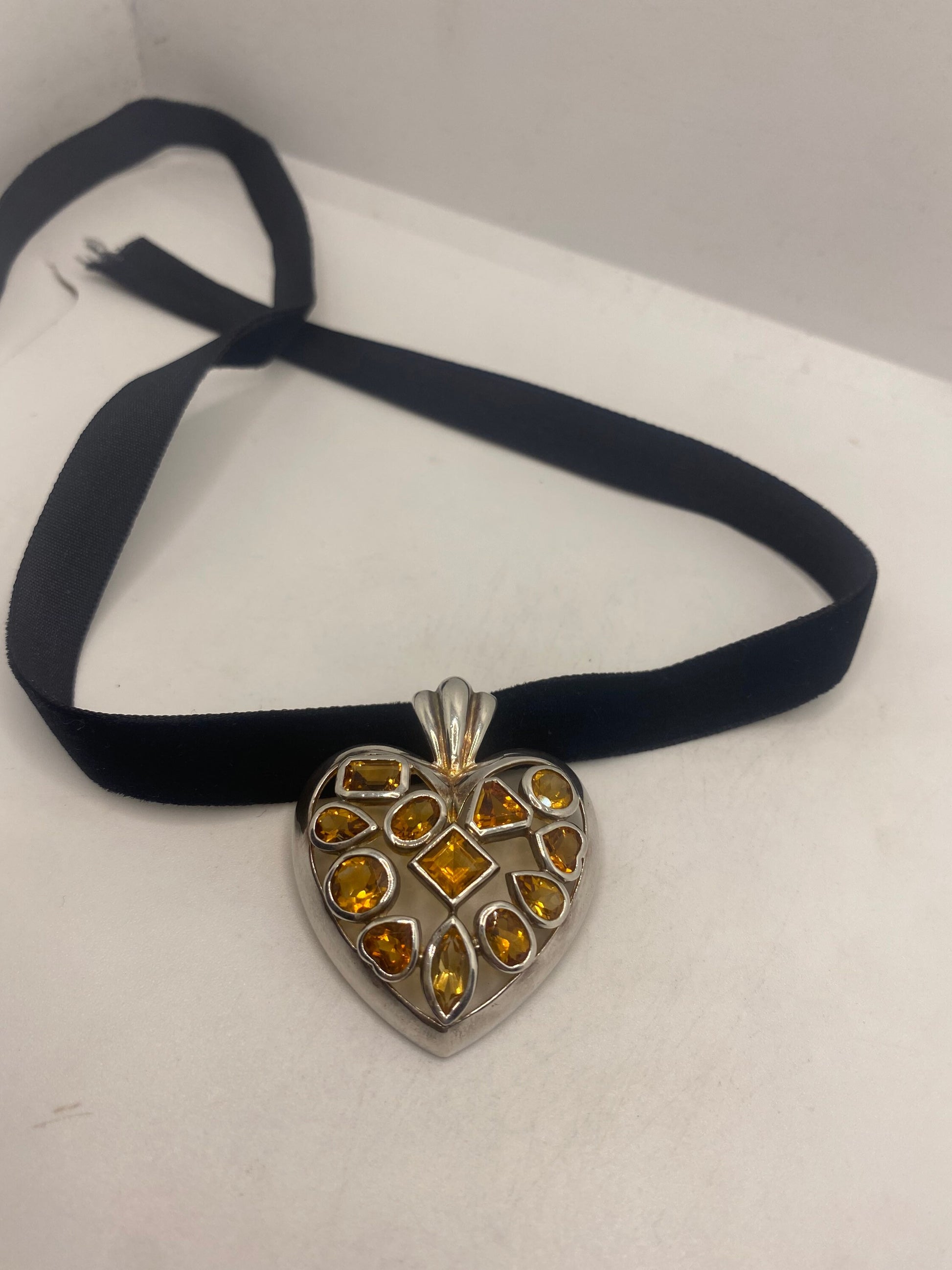 Vintage Sterling Silver Golden Lemon Citrine Heart Choker Pendant