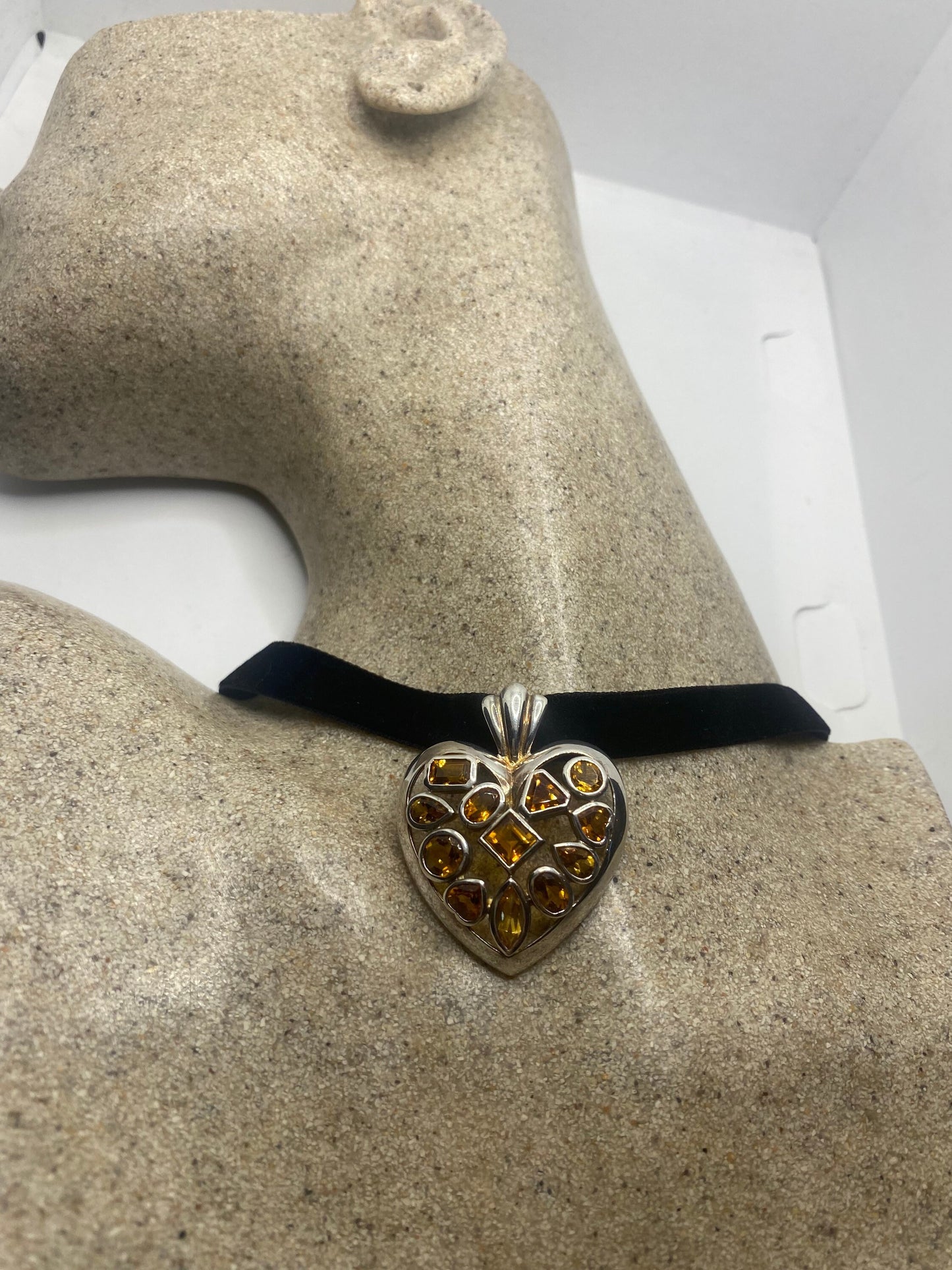 Vintage Sterling Silver Golden Lemon Citrine Heart Choker Pendant