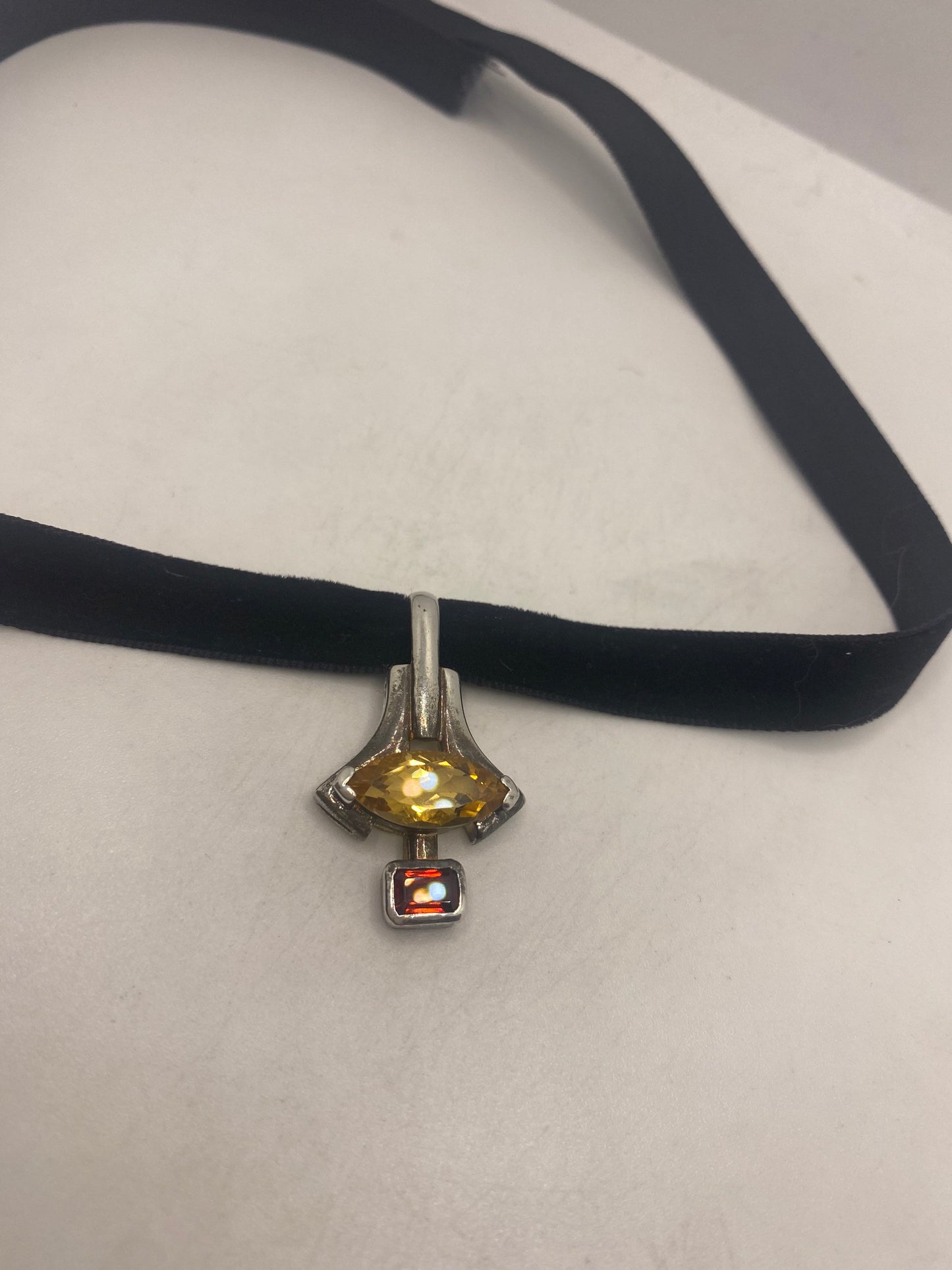 Vintage Sterling Silver Golden Lemon Citrine and Garnet Choker Pendant