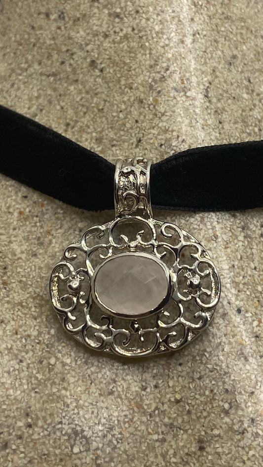 Vintage Rose Quartz Choker 925 Sterling Silver Pendant Necklace