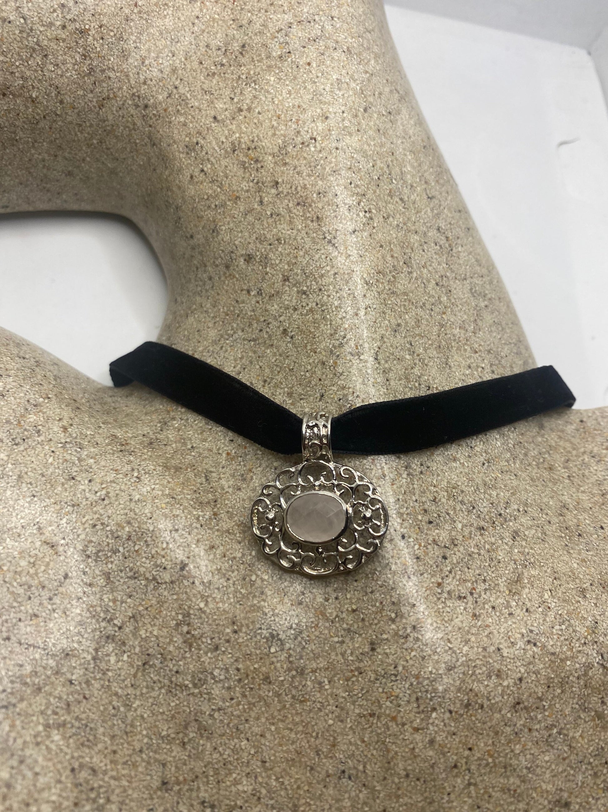 Vintage Rose Quartz Choker 925 Sterling Silver Pendant Necklace