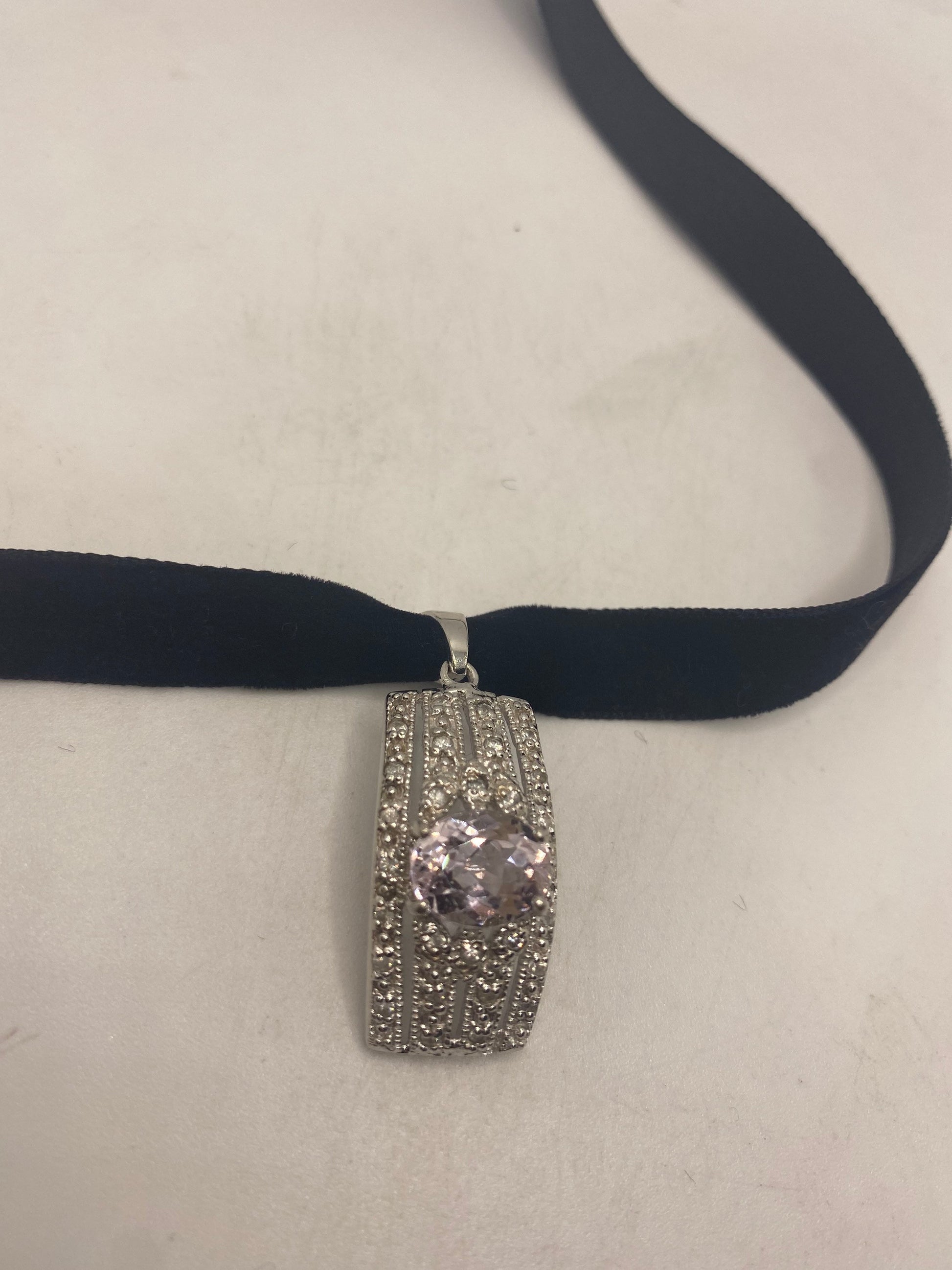 Vintage Rose Quartz Deco Choker 925 Sterling Silver Pendant Necklace