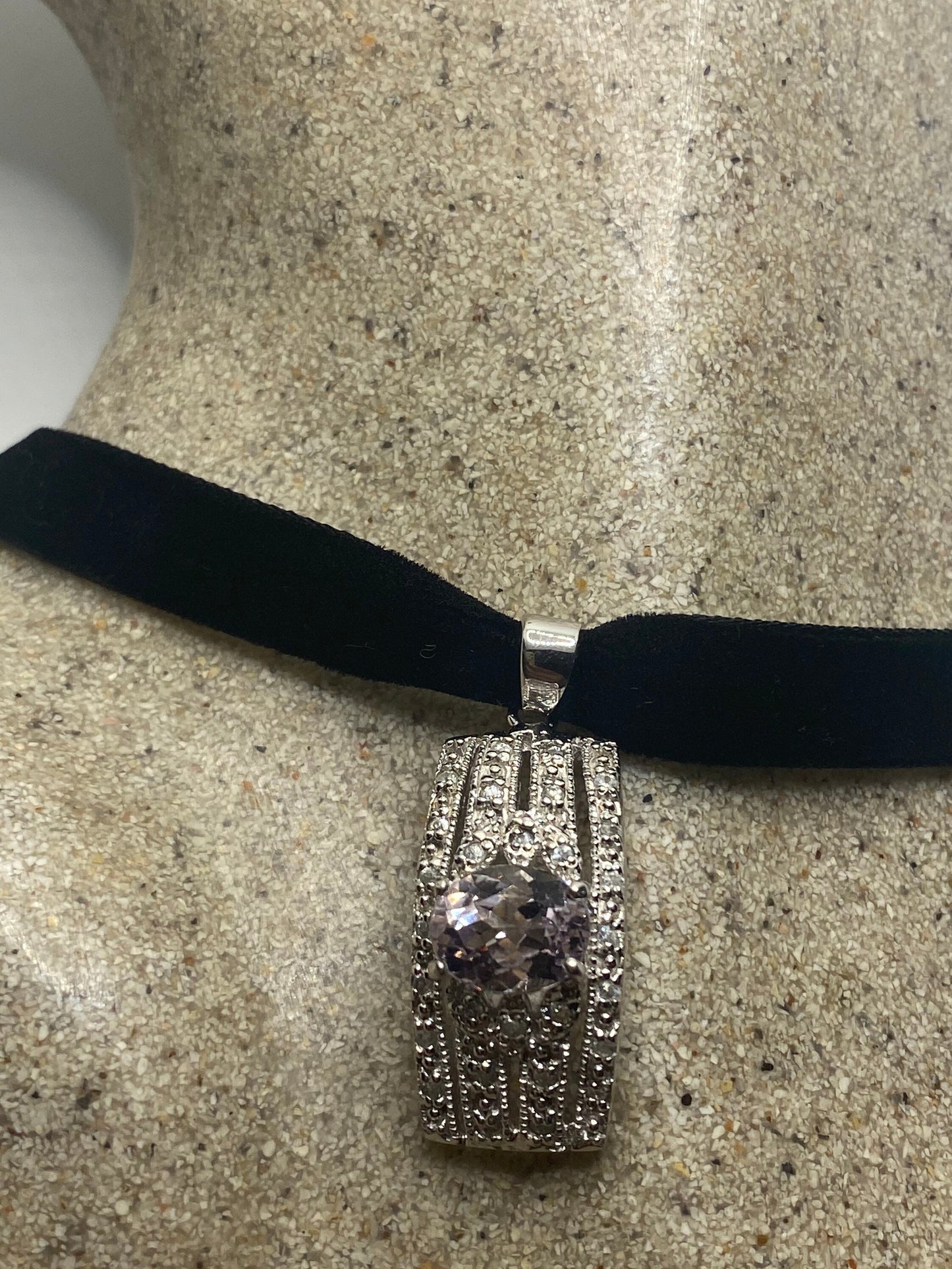 Vintage Rose Quartz Deco Choker 925 Sterling Silver Pendant Necklace