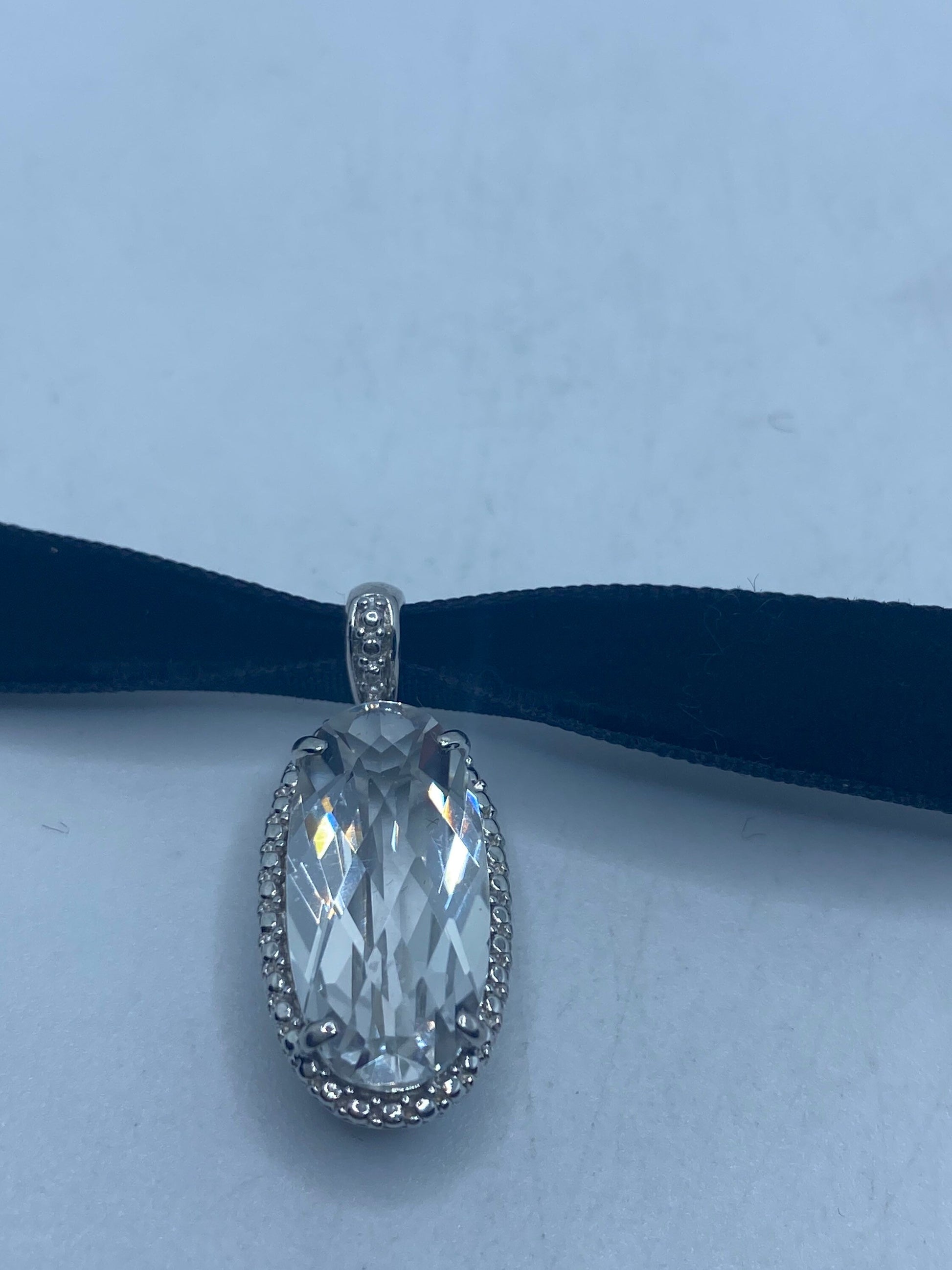 Vintage Clear Quartz Deco Choker 925 Sterling Silver Pendant Necklace