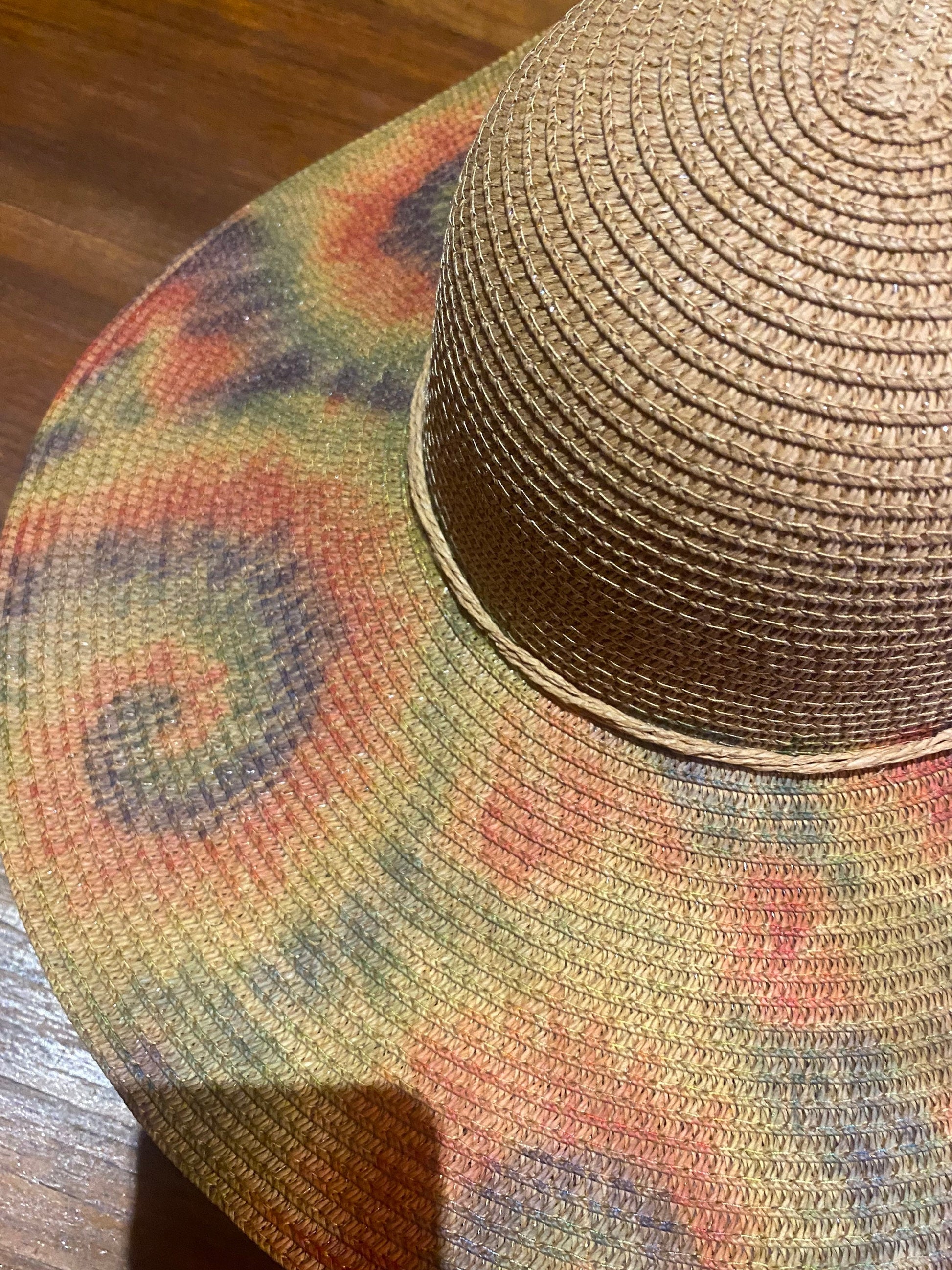 Vintage Sun Hat Tie Dye Straw 4.5 inch brim