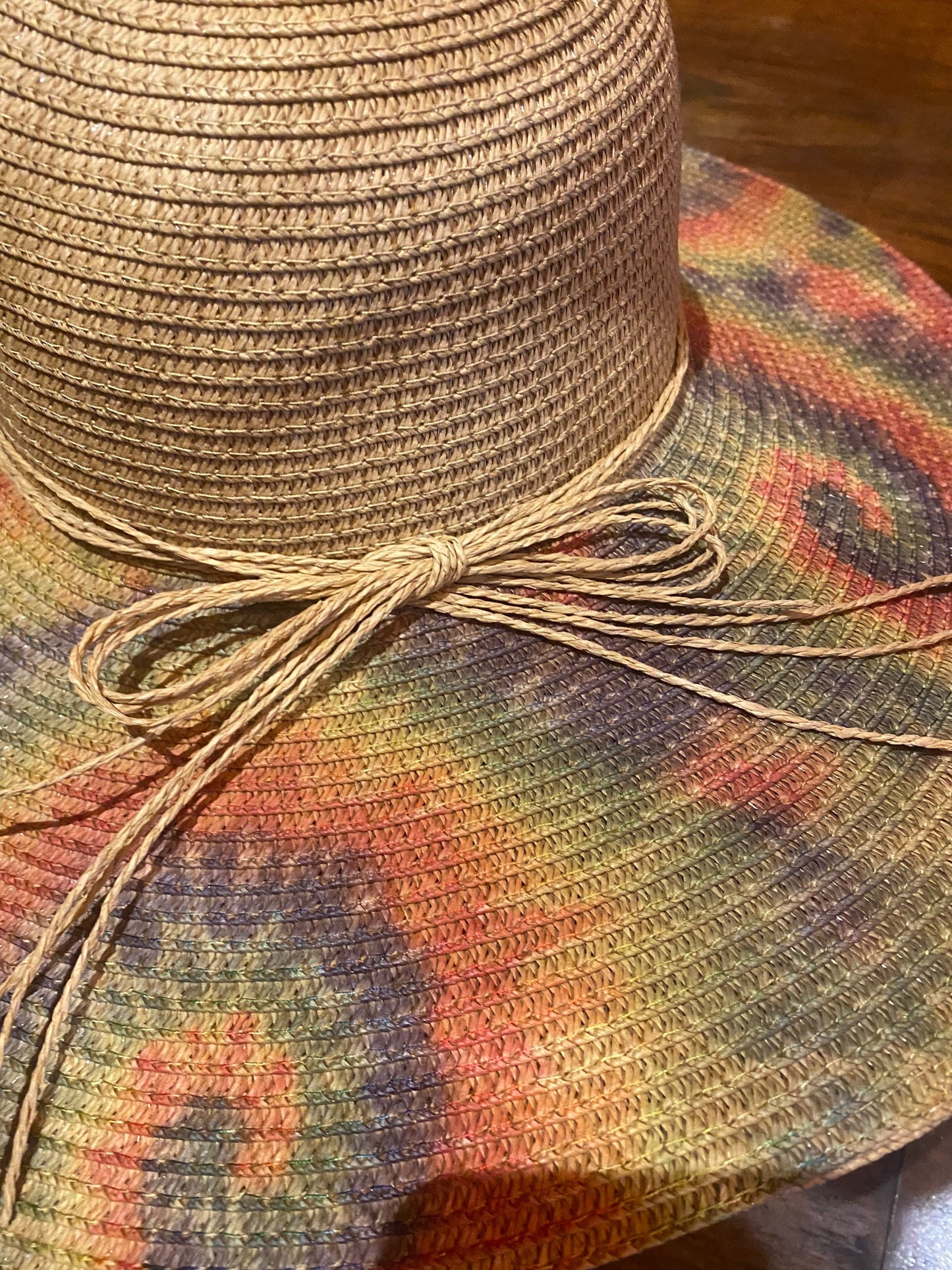 Vintage Sun Hat Tie Dye Straw 4.5 inch brim