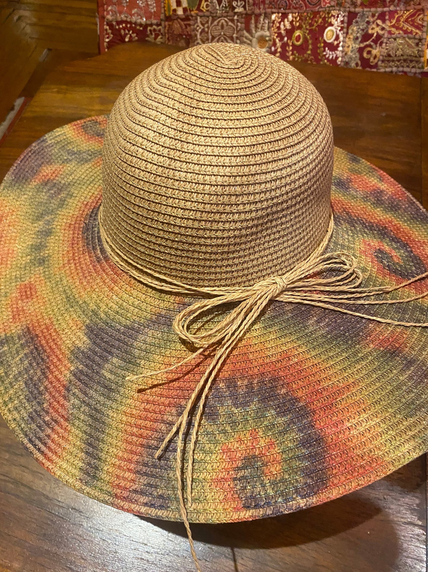 Vintage Sun Hat Tie Dye Straw 4.5 inch brim