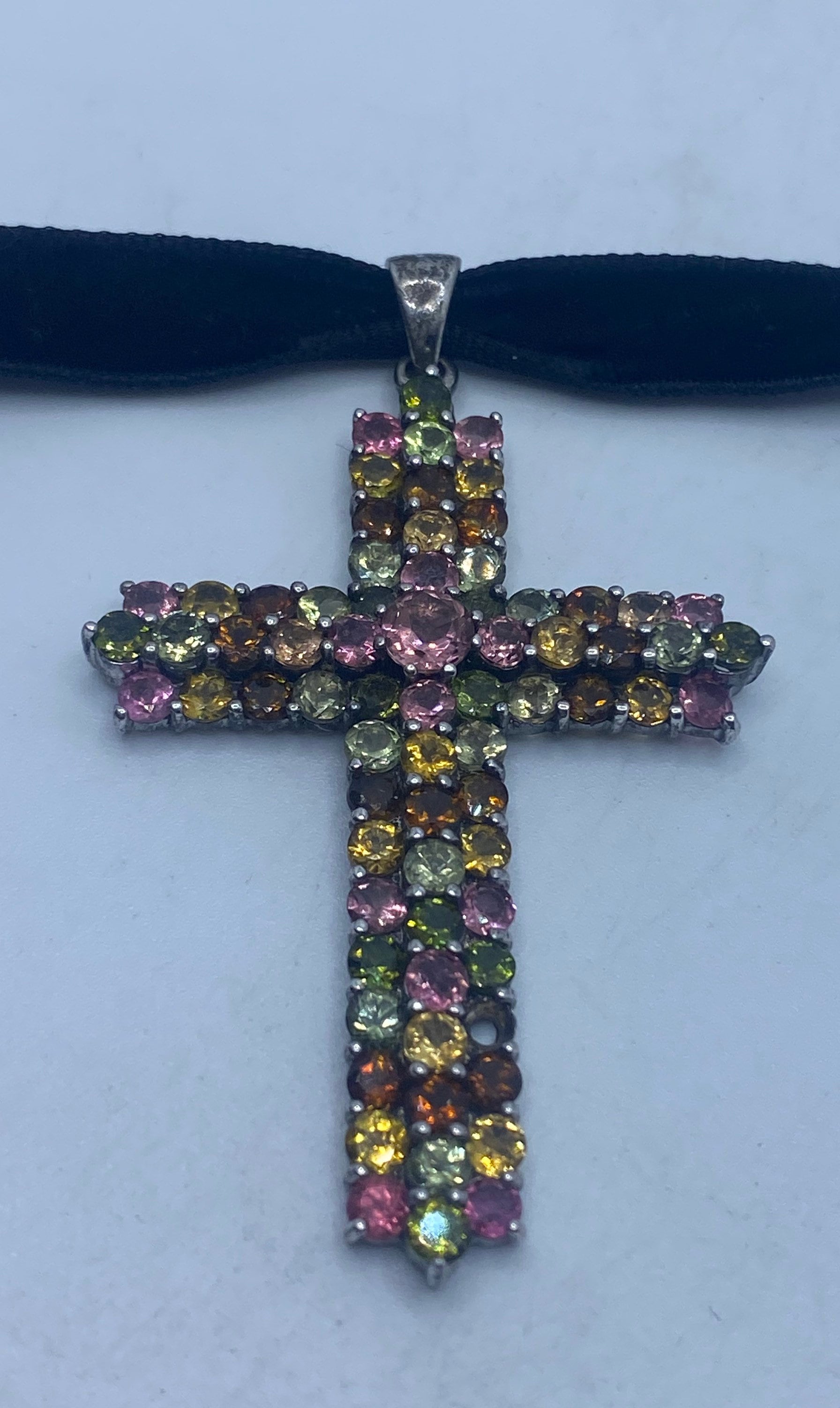 Vintage Tourmaline Cross 925 Sterling Silver Pendant Choker Necklace