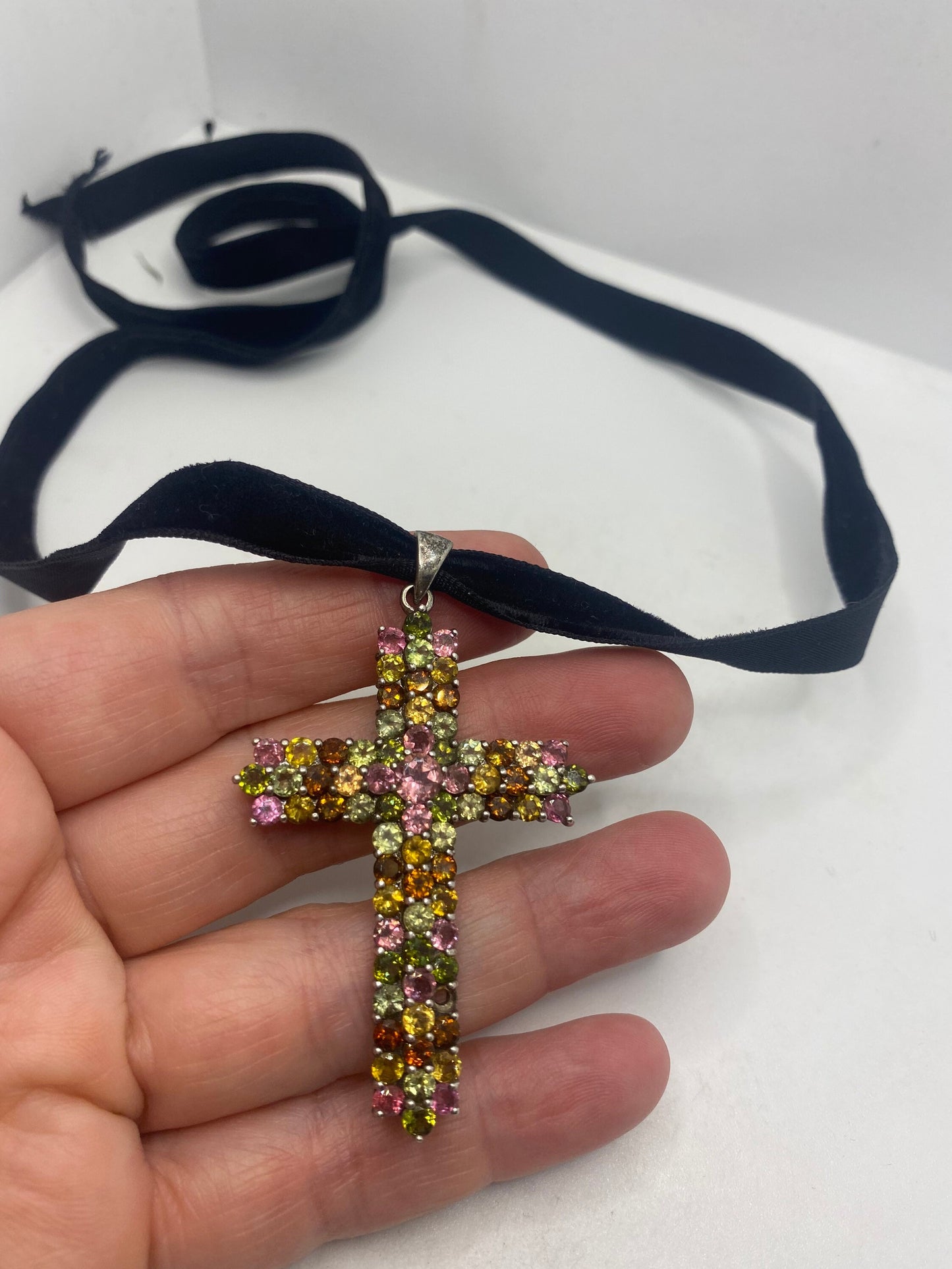 Vintage Tourmaline Cross 925 Sterling Silver Pendant Choker Necklace