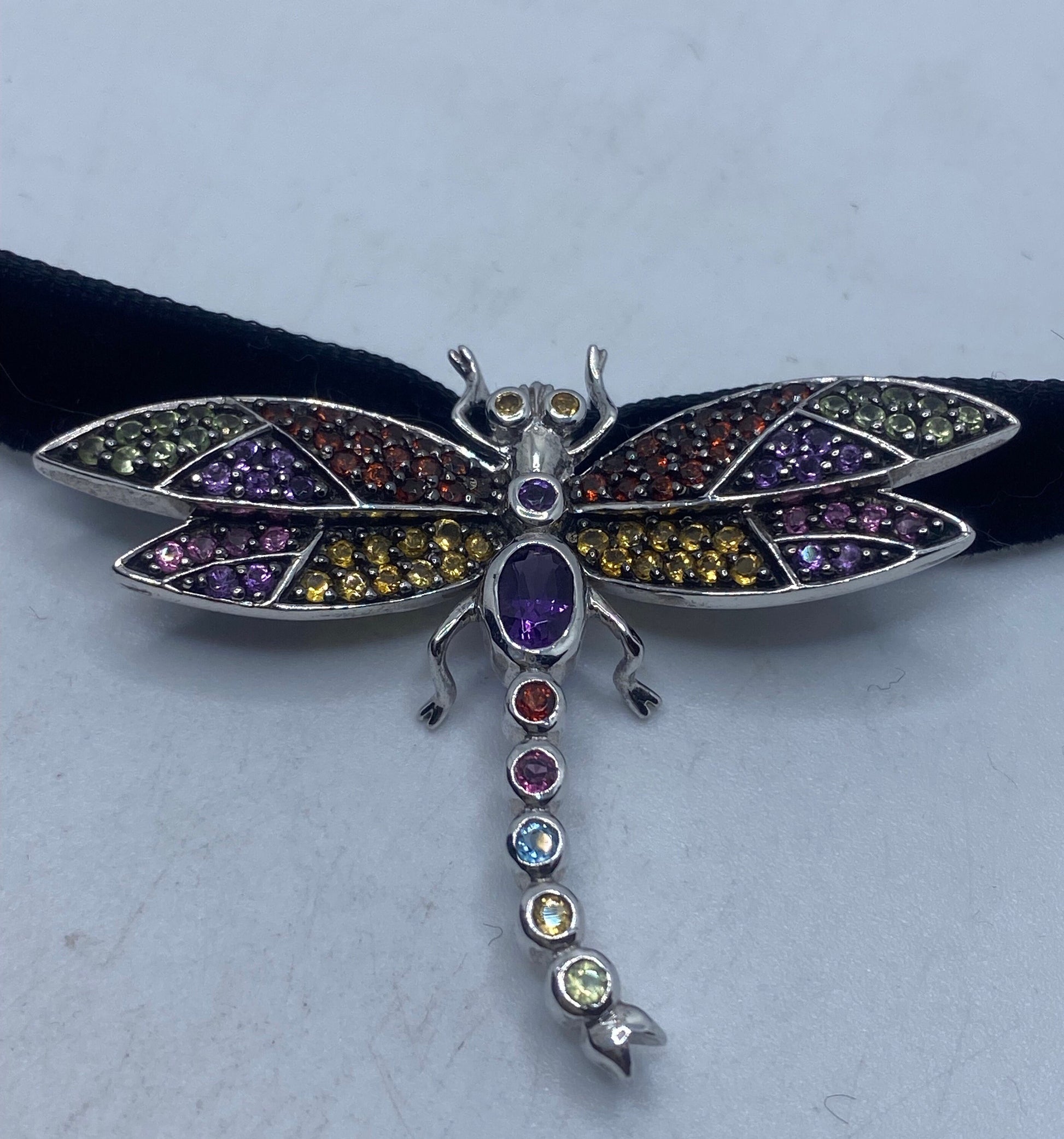 Vintage Gemstone 925 Sterling Silver Dragonfly Choker Necklace