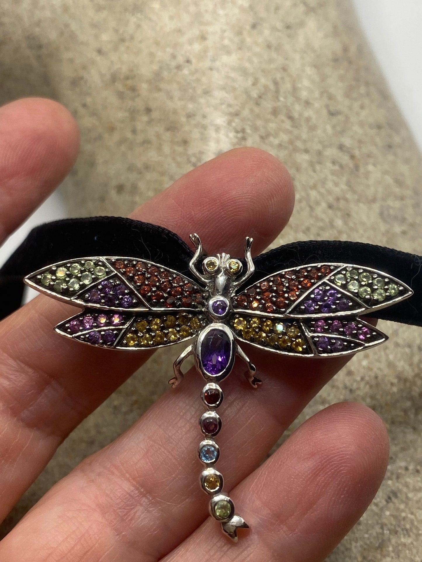 Vintage Gemstone 925 Sterling Silver Dragonfly Choker Necklace