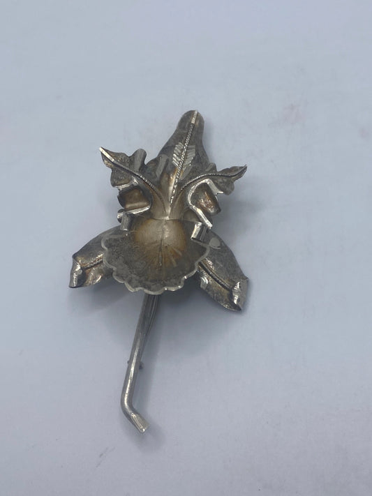 Vintage Hand Made Deco Orchid Flower 925 Sterling Silver Filigree Brooch Pin
