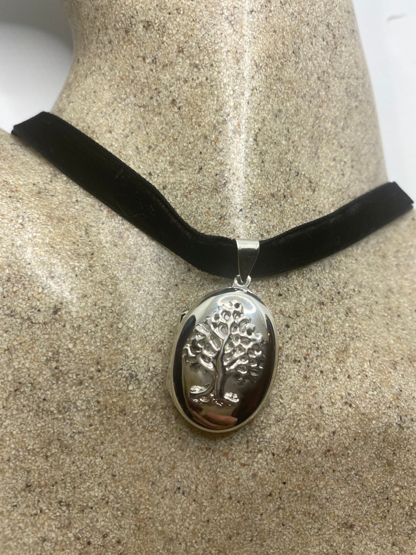 Vintage Tree of Life Locket Choker 925 Sterling Silver necklace