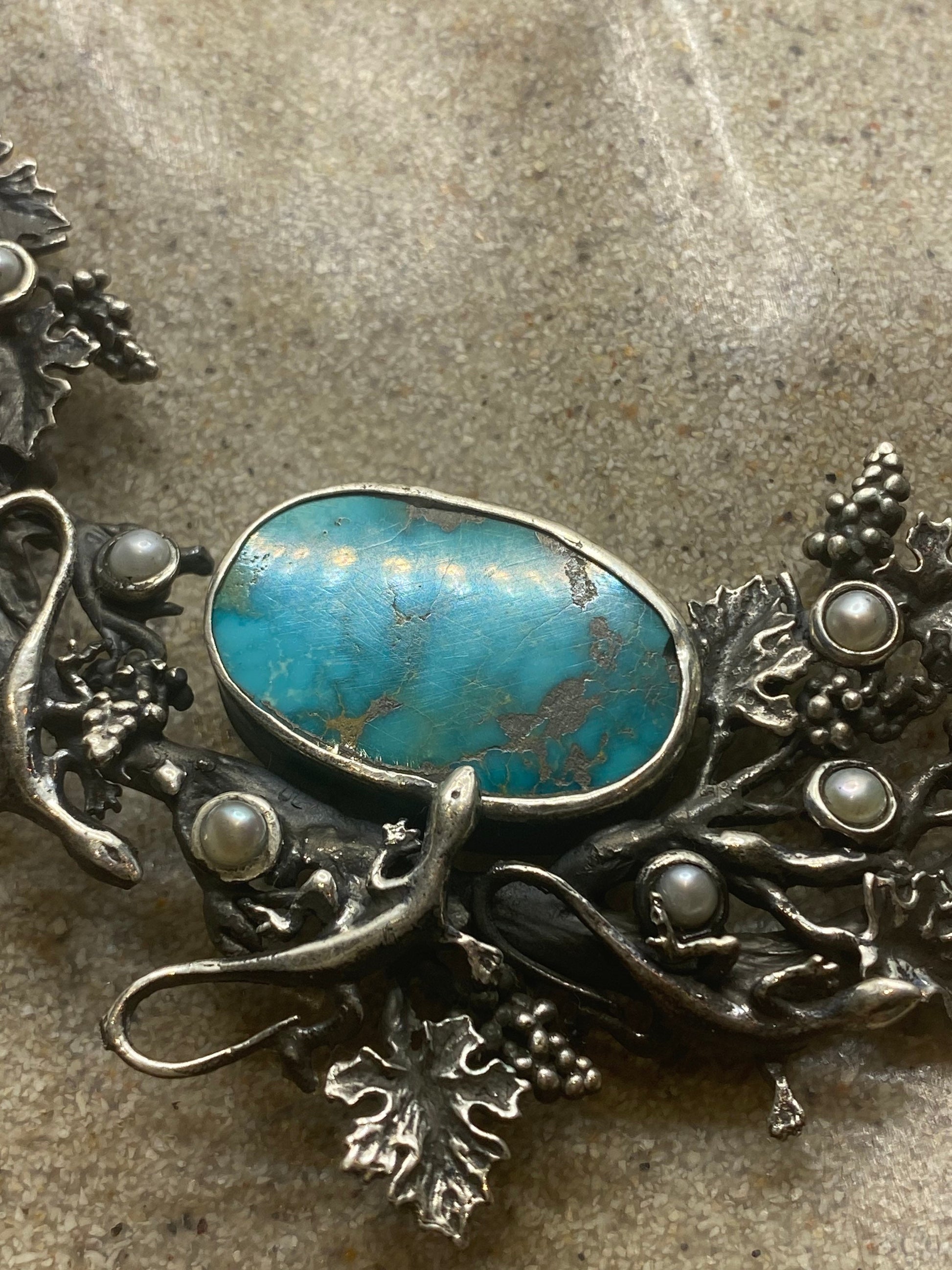 Vintage 925 Sterling Silver Blue Turquoise Pearl Vine Pendant Choker Necklace