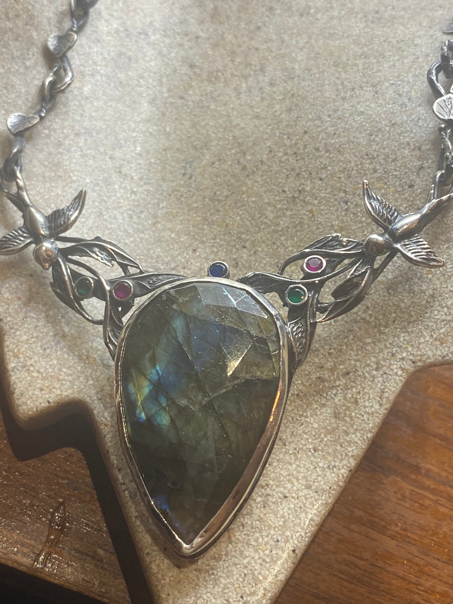 Vintage 925 Sterling Silver Blue Labradorite Bird Vine Pendant Choker Necklace