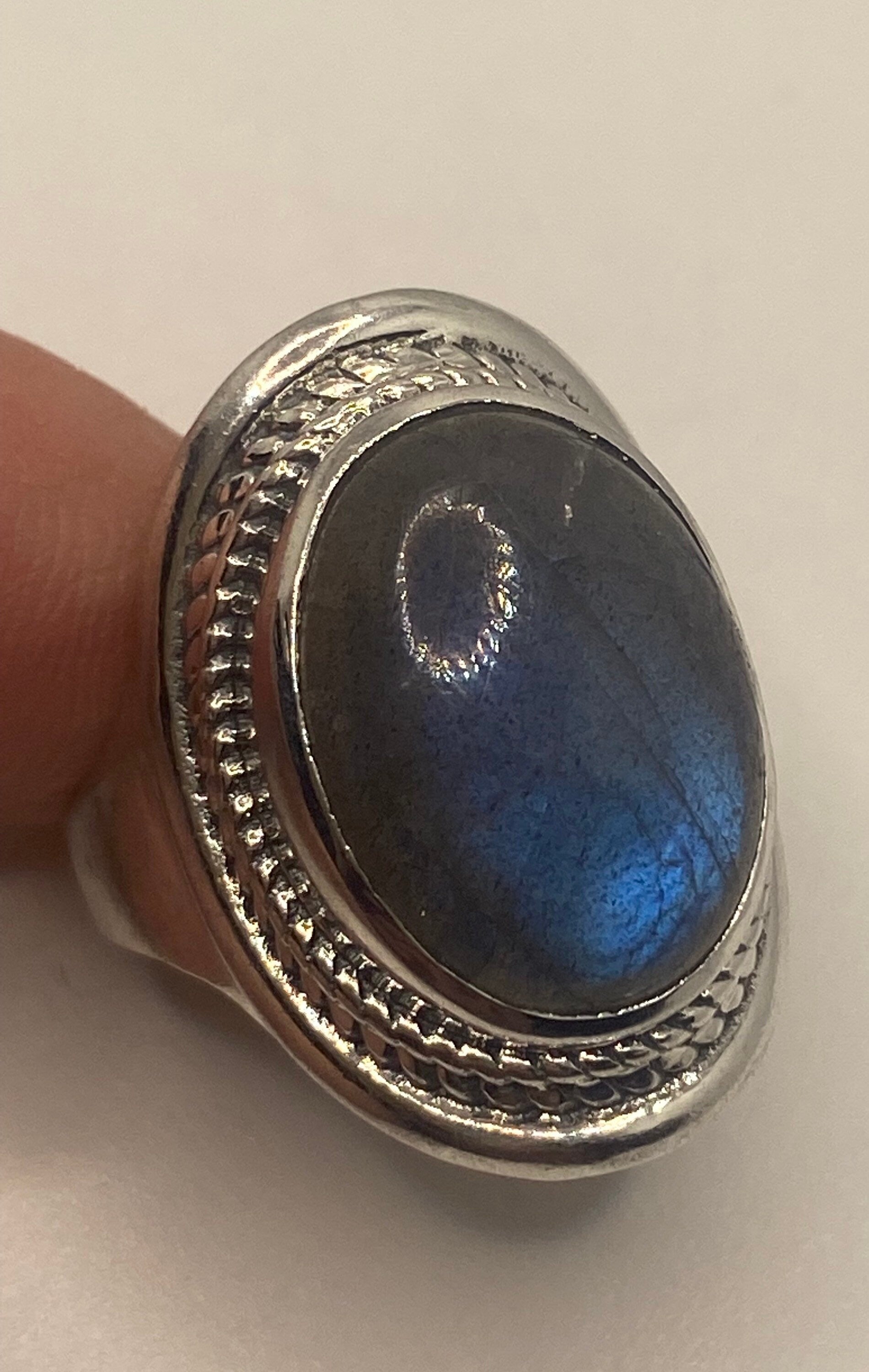 Vintage Blue Green Labradorite Moonstone 925 Silver Cocktail Ring