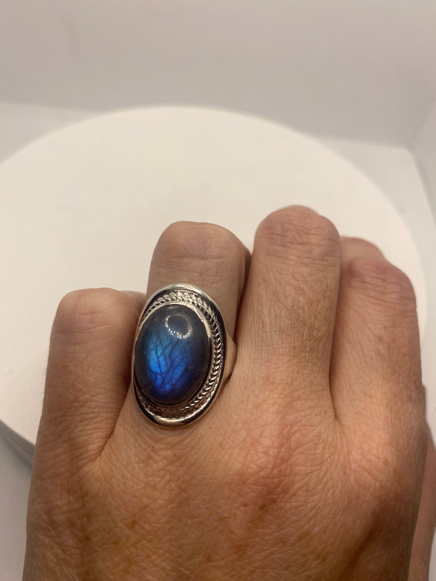 Vintage Blue Green Labradorite Moonstone 925 Silver Cocktail Ring