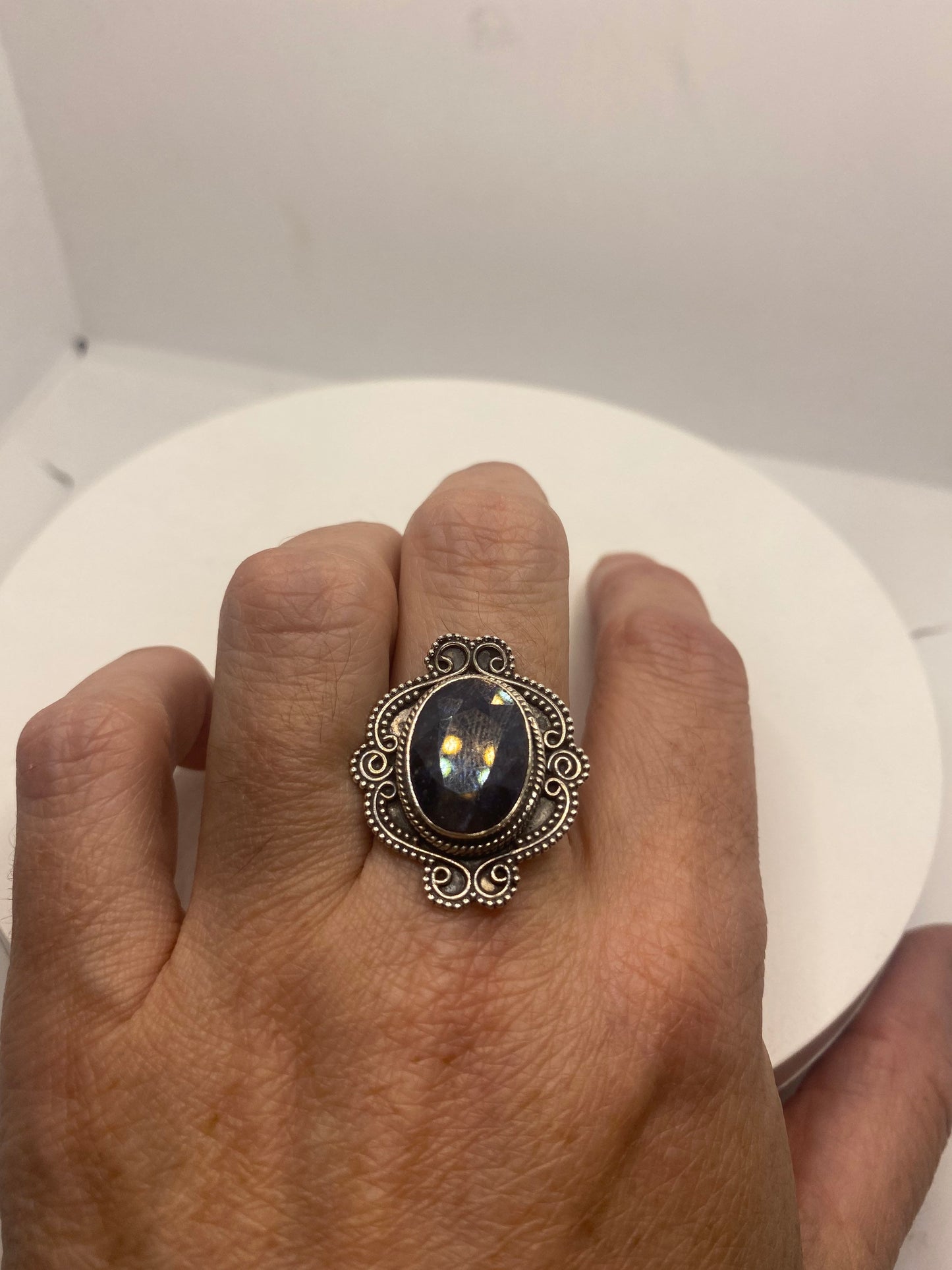 Vintage Black Blue Sapphire 925 Sterling Silver Gothic Ring