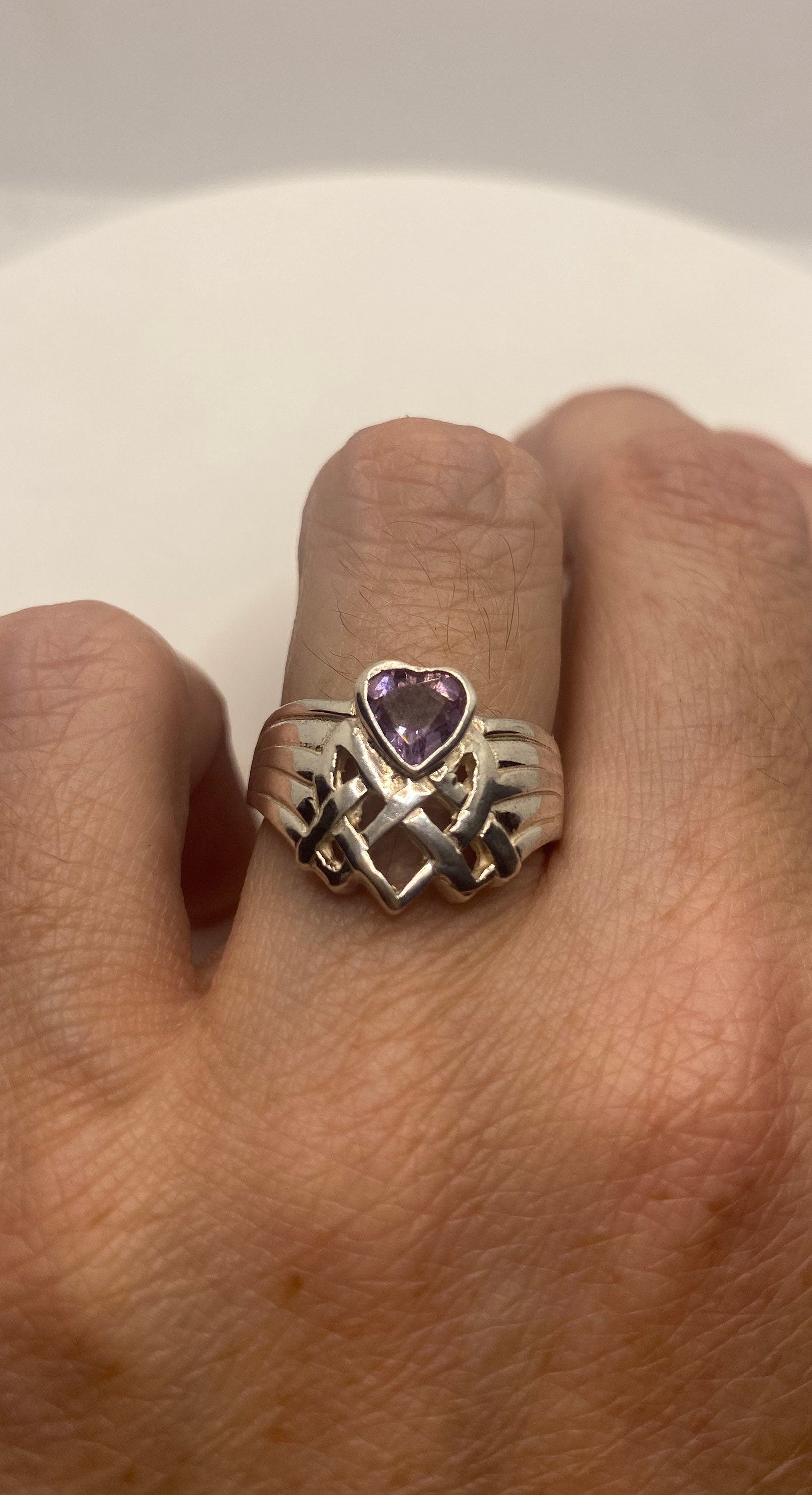 Vintage Purple Amethyst Heart 925 Sterling Silver Ring