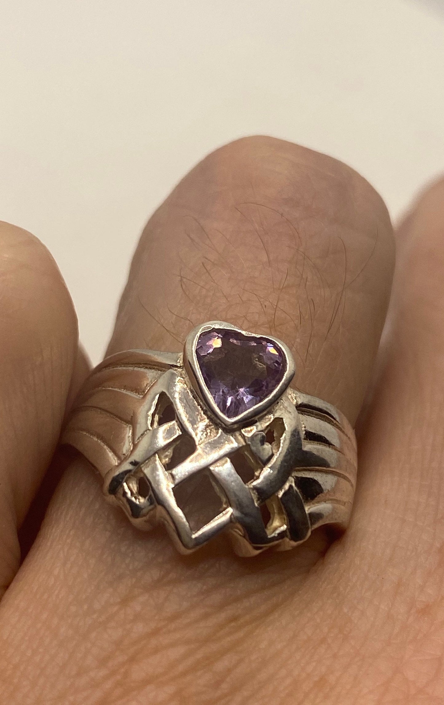 Vintage Purple Amethyst Heart 925 Sterling Silver Ring