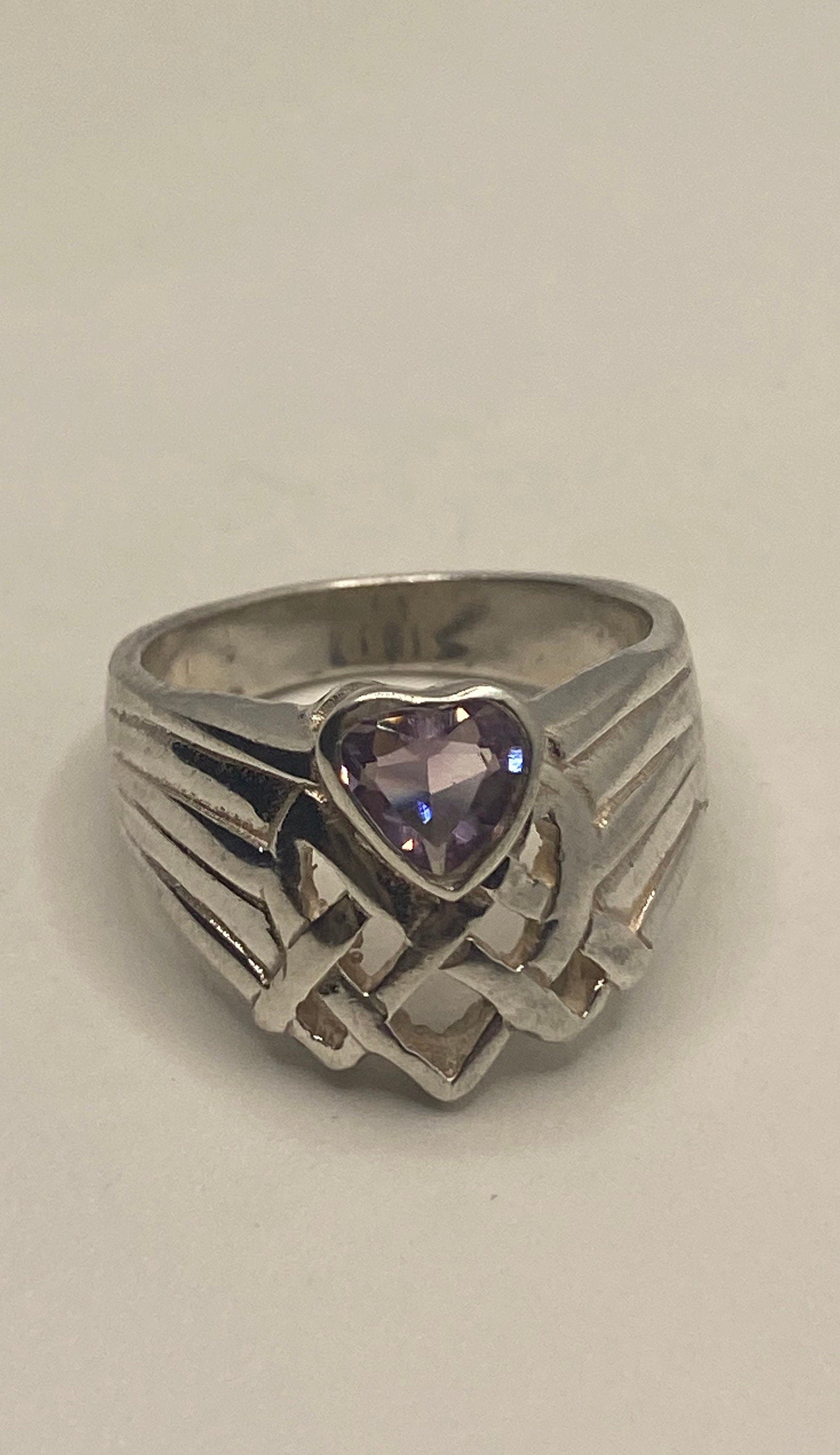 Vintage Purple Amethyst Heart 925 Sterling Silver Ring