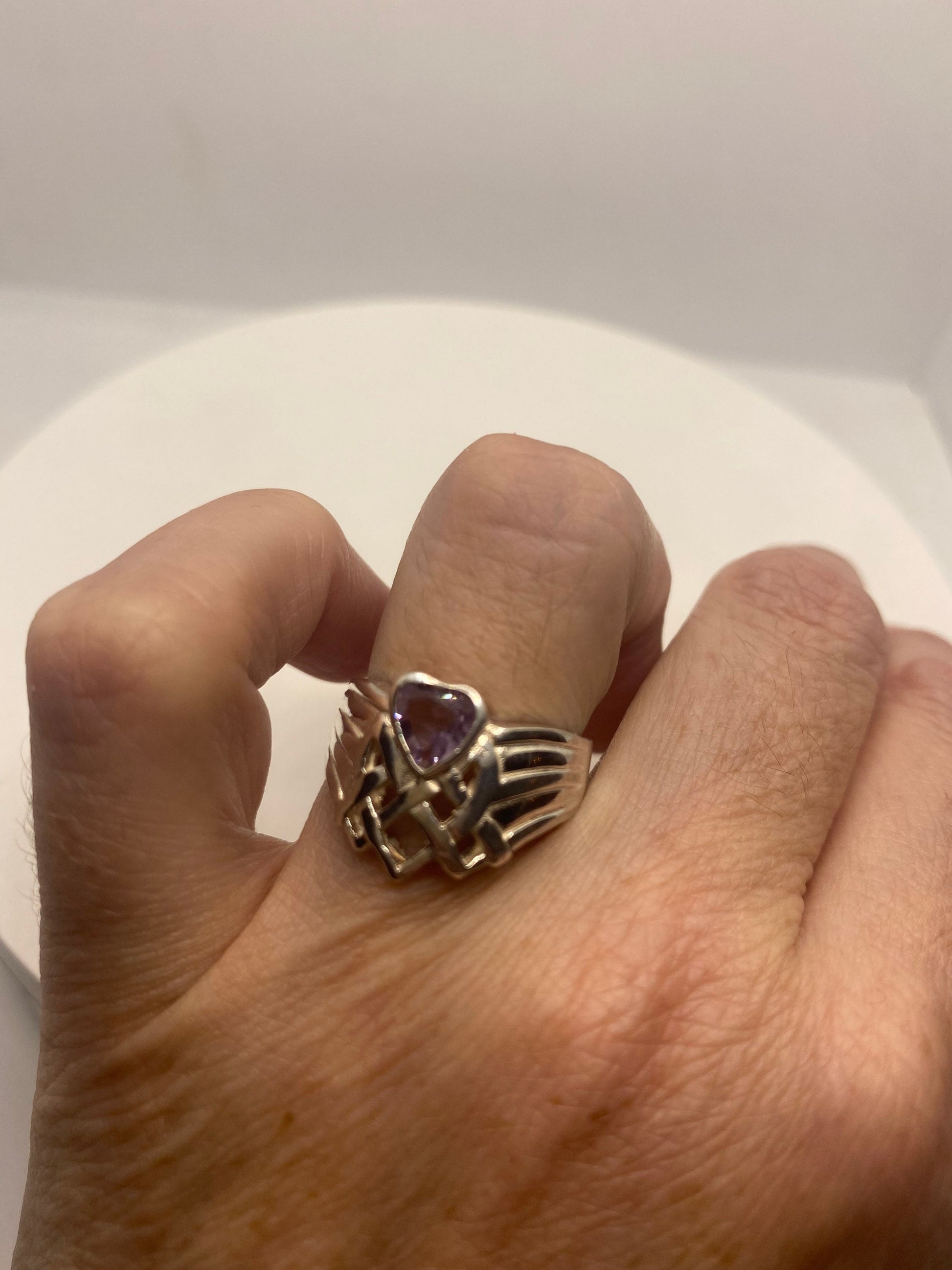 Vintage Purple Amethyst Heart 925 Sterling Silver Ring