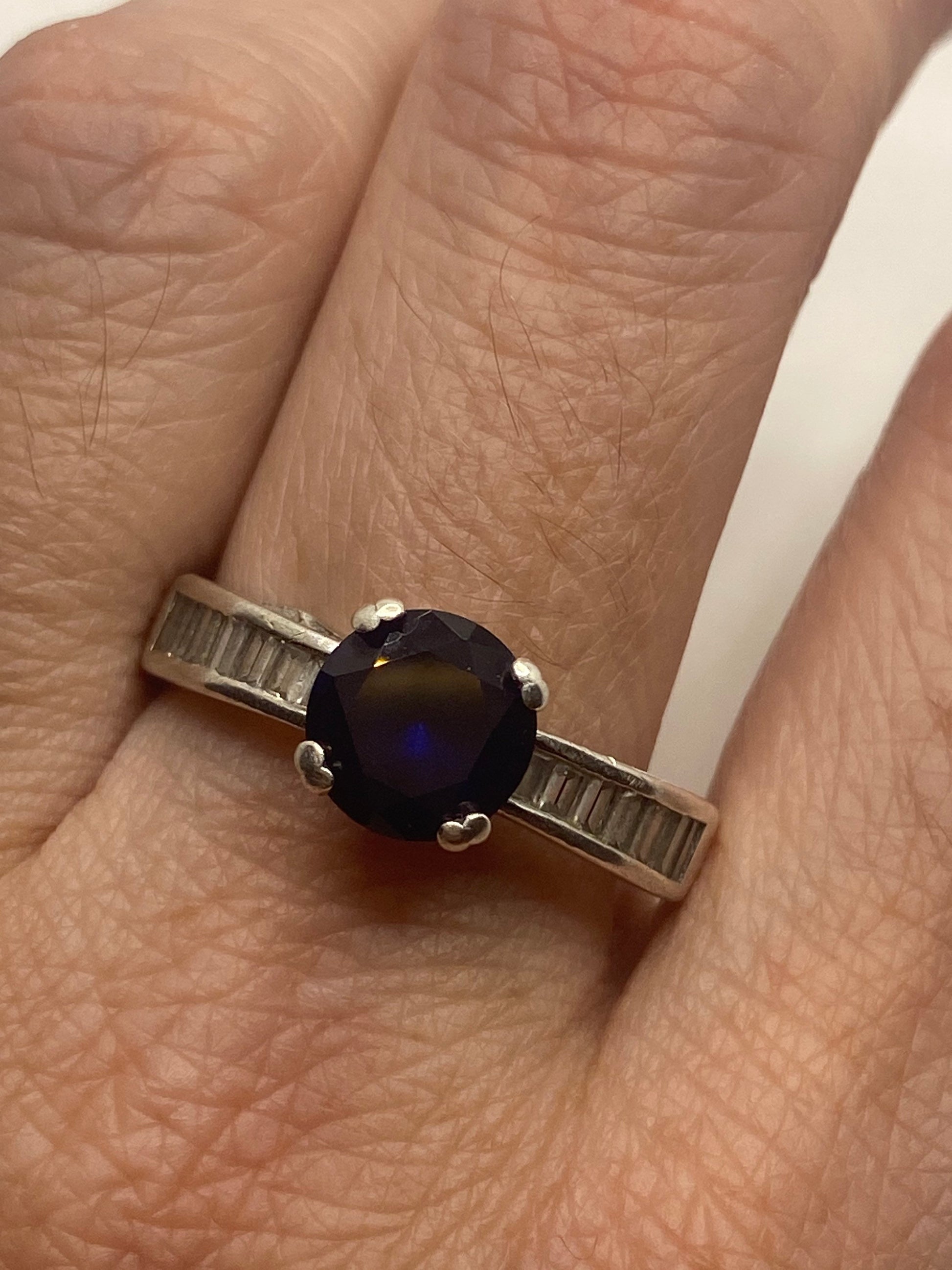 Vintage Blue Sapphire Baguette CZ Band 925 Sterling Silver Ring