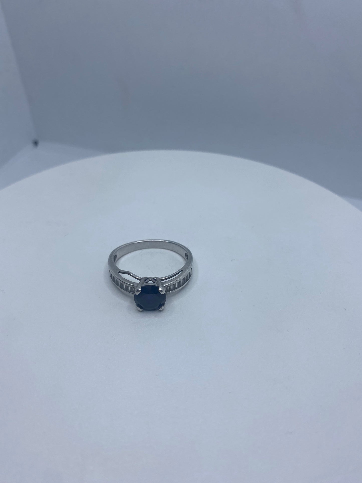 Vintage Blue Sapphire Baguette CZ Band 925 Sterling Silver Ring