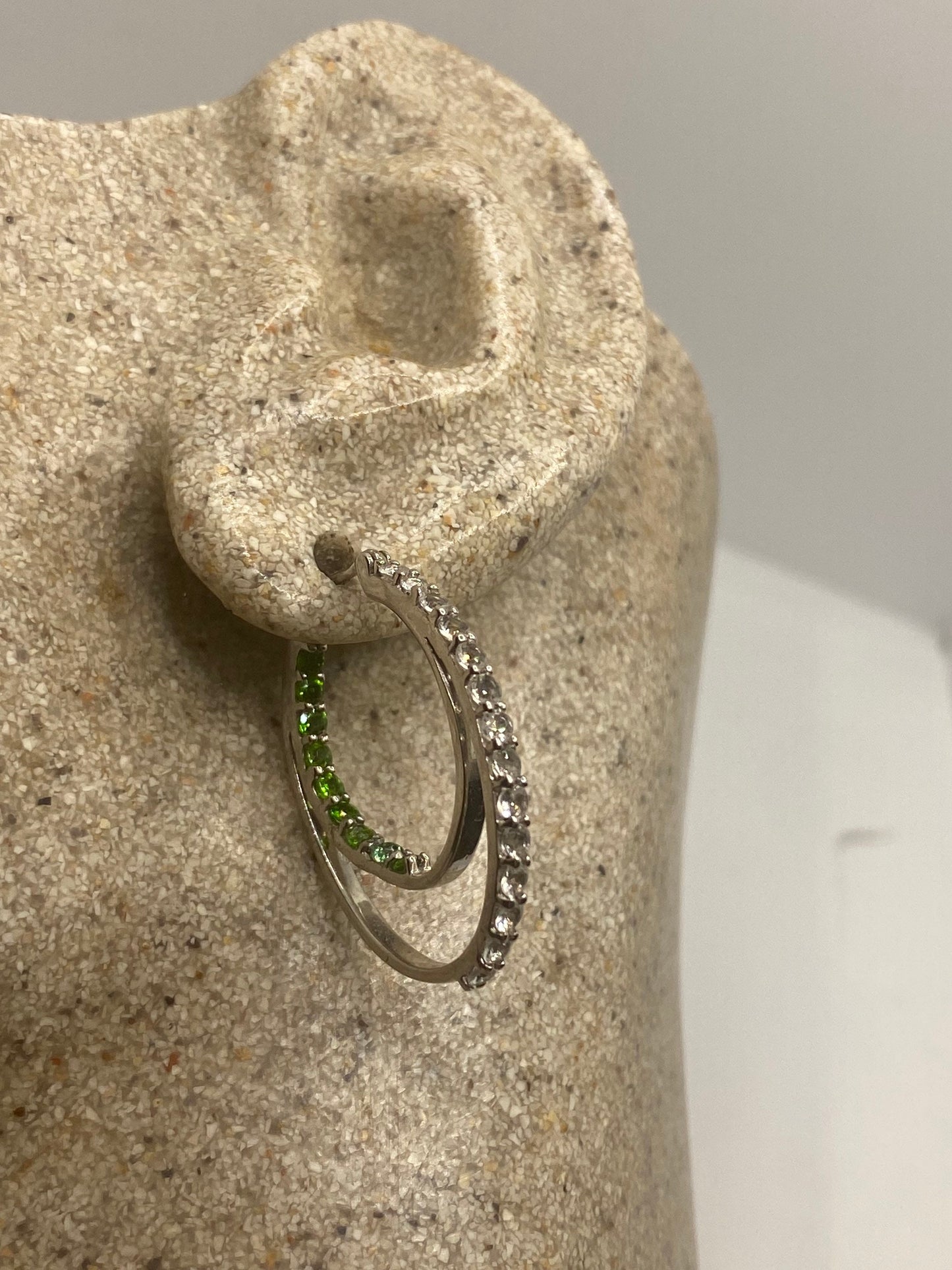 Vintage Handmade 925 Sterling Silver Chrome Diopside Hoop Earrings