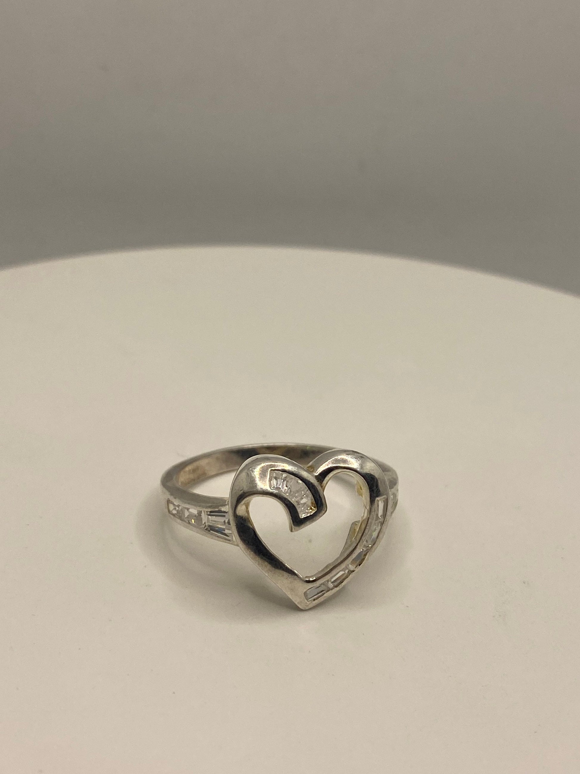 Vintage Heart Cubic Zirconia Crystal Sterling Silver Ring