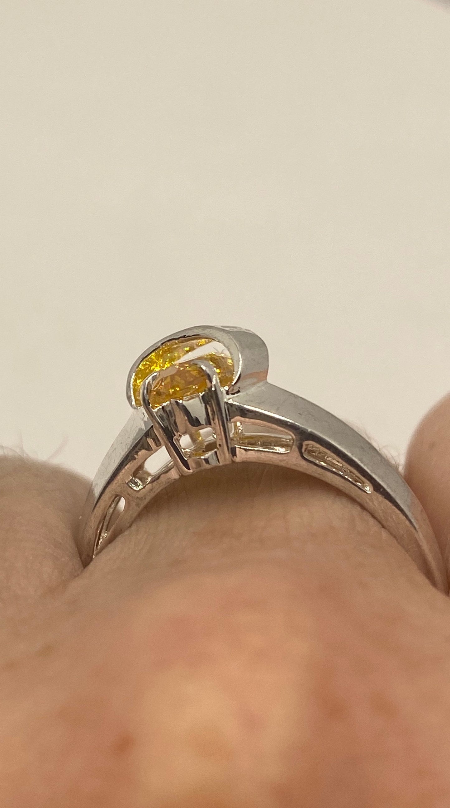 Vintage Canary Yellow CZ Deco Love Ring 925 Sterling Silver