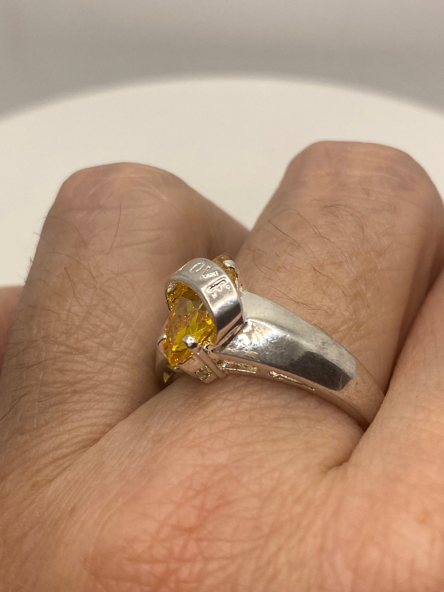 Vintage Canary Yellow CZ Deco Love Ring 925 Sterling Silver