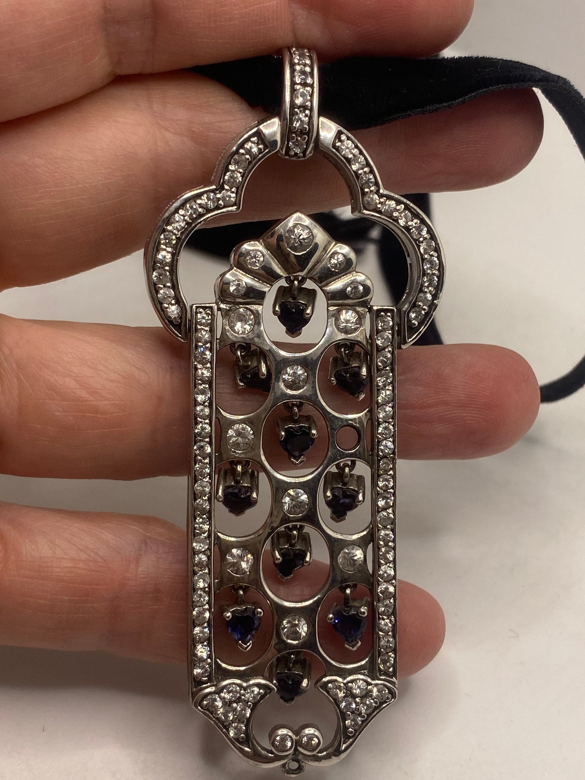 Vintage Deco Choker 925 Sterling Silver Blue and White Sapphire Pendant Necklace