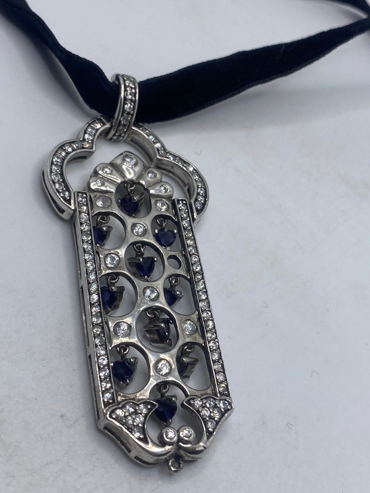 Vintage Deco Choker 925 Sterling Silver Blue and White Sapphire Pendant Necklace