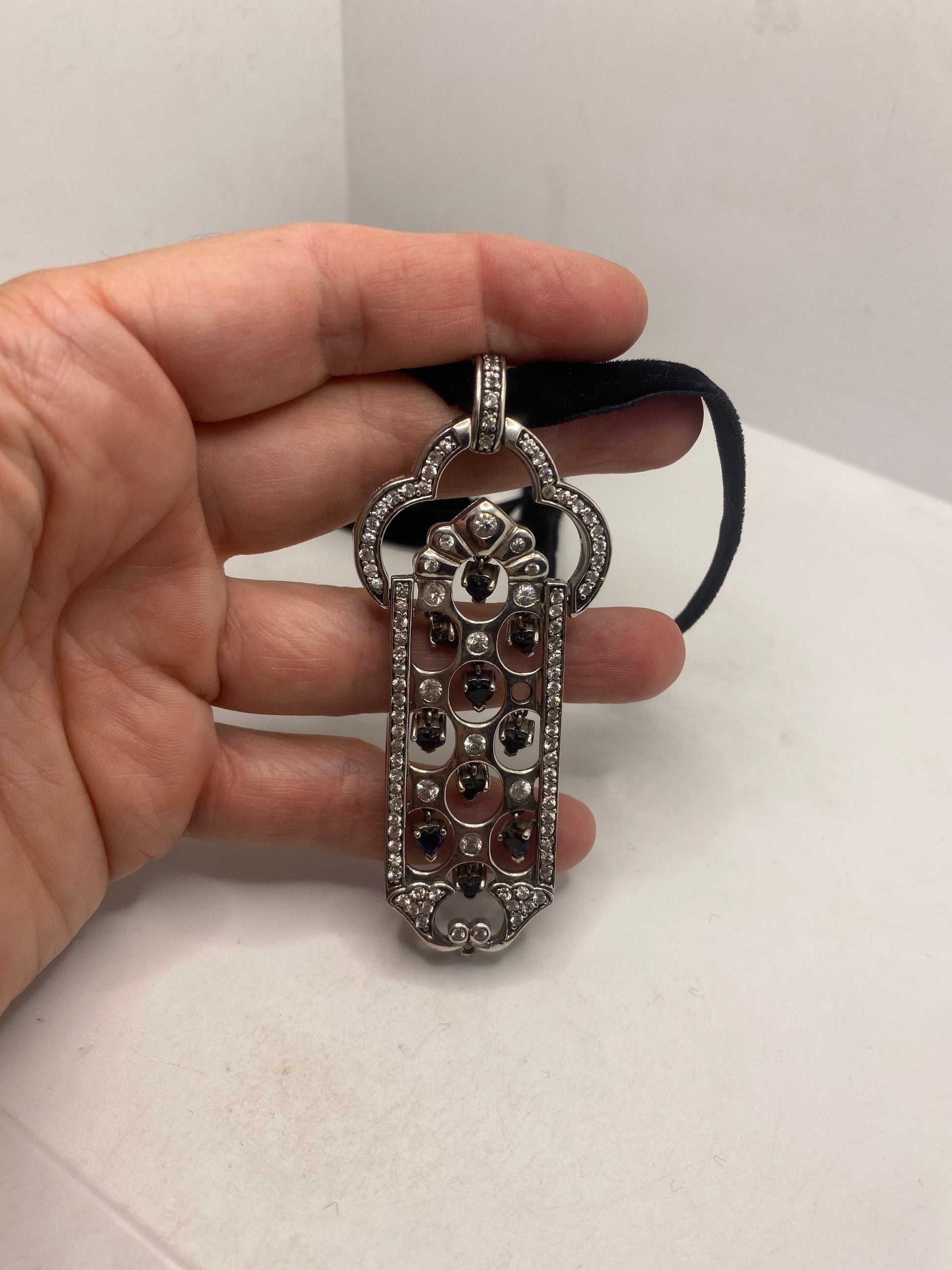 Vintage Deco Choker 925 Sterling Silver Blue and White Sapphire Pendant Necklace