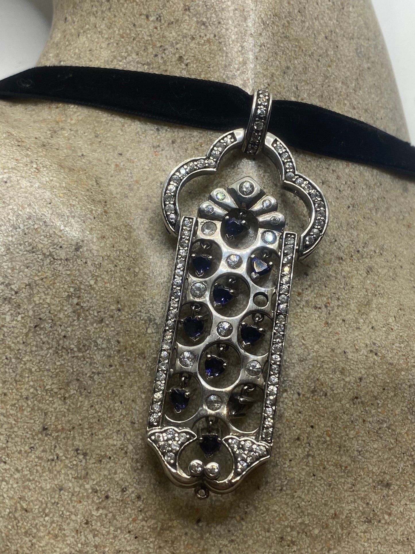 Vintage Deco Choker 925 Sterling Silver Blue and White Sapphire Pendant Necklace