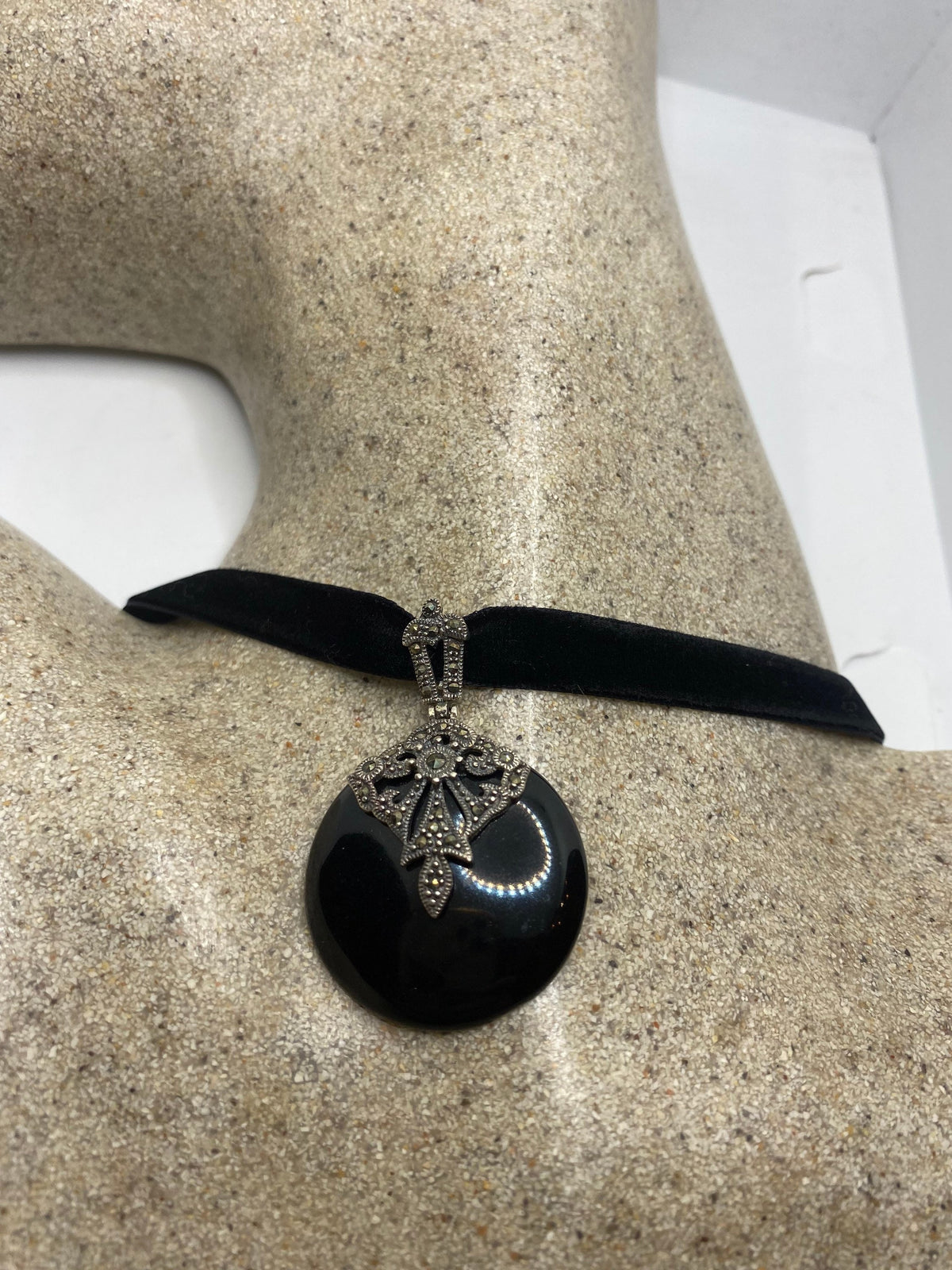 Vintage Black Onyx Marcasite Choker 925 Sterling Silver Deco 