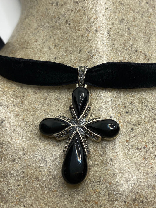 Vintage Black Onyx Marcasite Cross Choker 925 Sterling Silver Deco Pendant Necklace