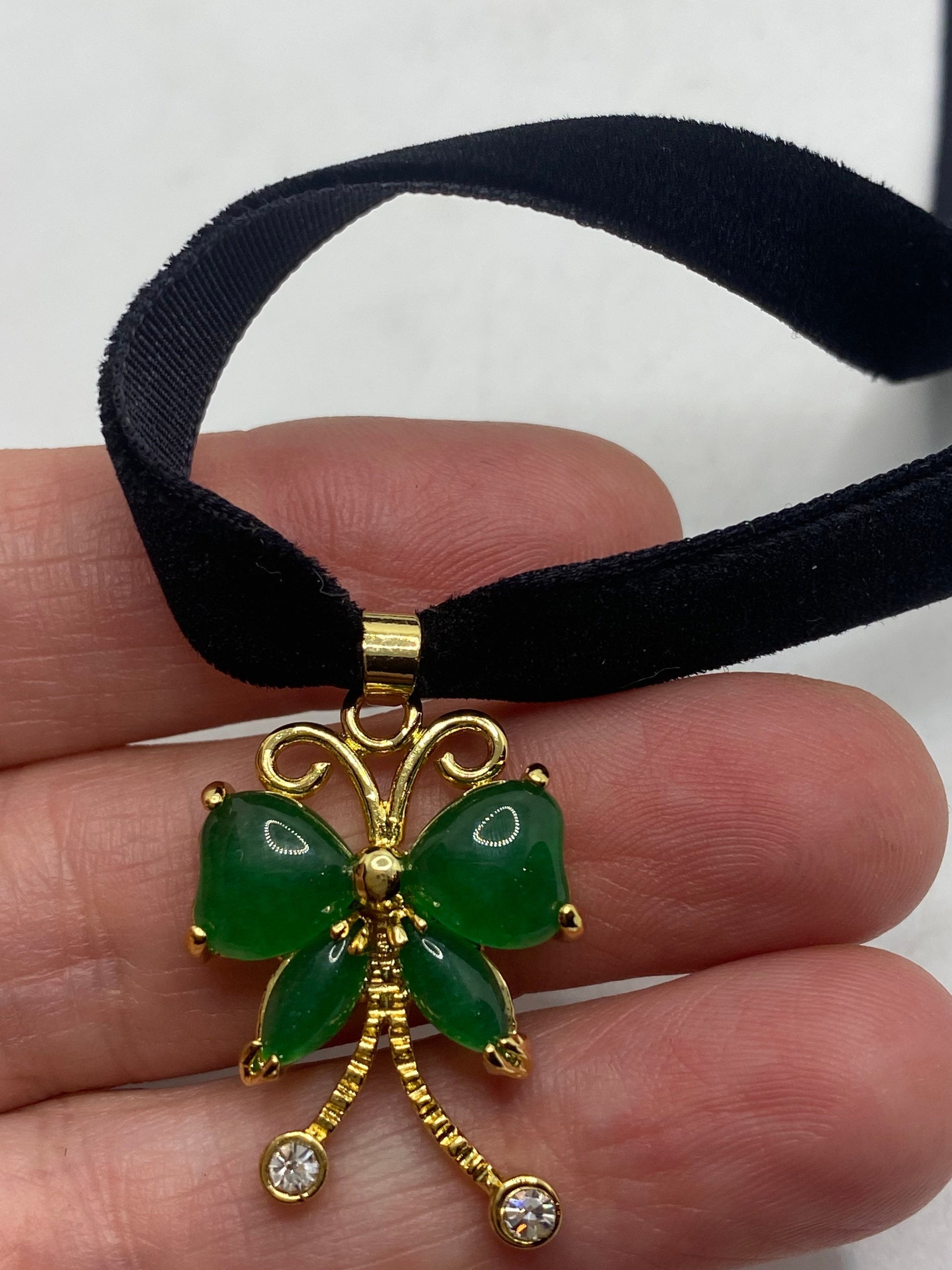 Vinate Green Jade Gold Finish Butterfy Necklace