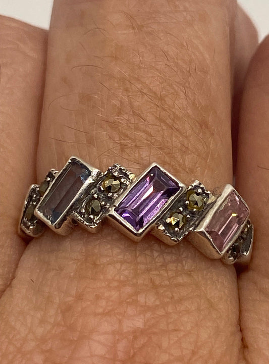 Vintage Genuine Swiss Marcasite Mixed Gemstone Ring 925 Sterling Silver