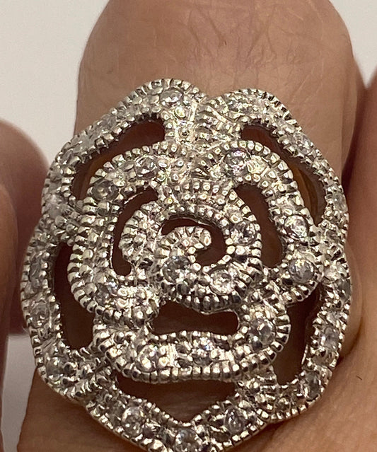 Vintage Rose Flower 925 Sterling Silver Antiqued Diamond Ring