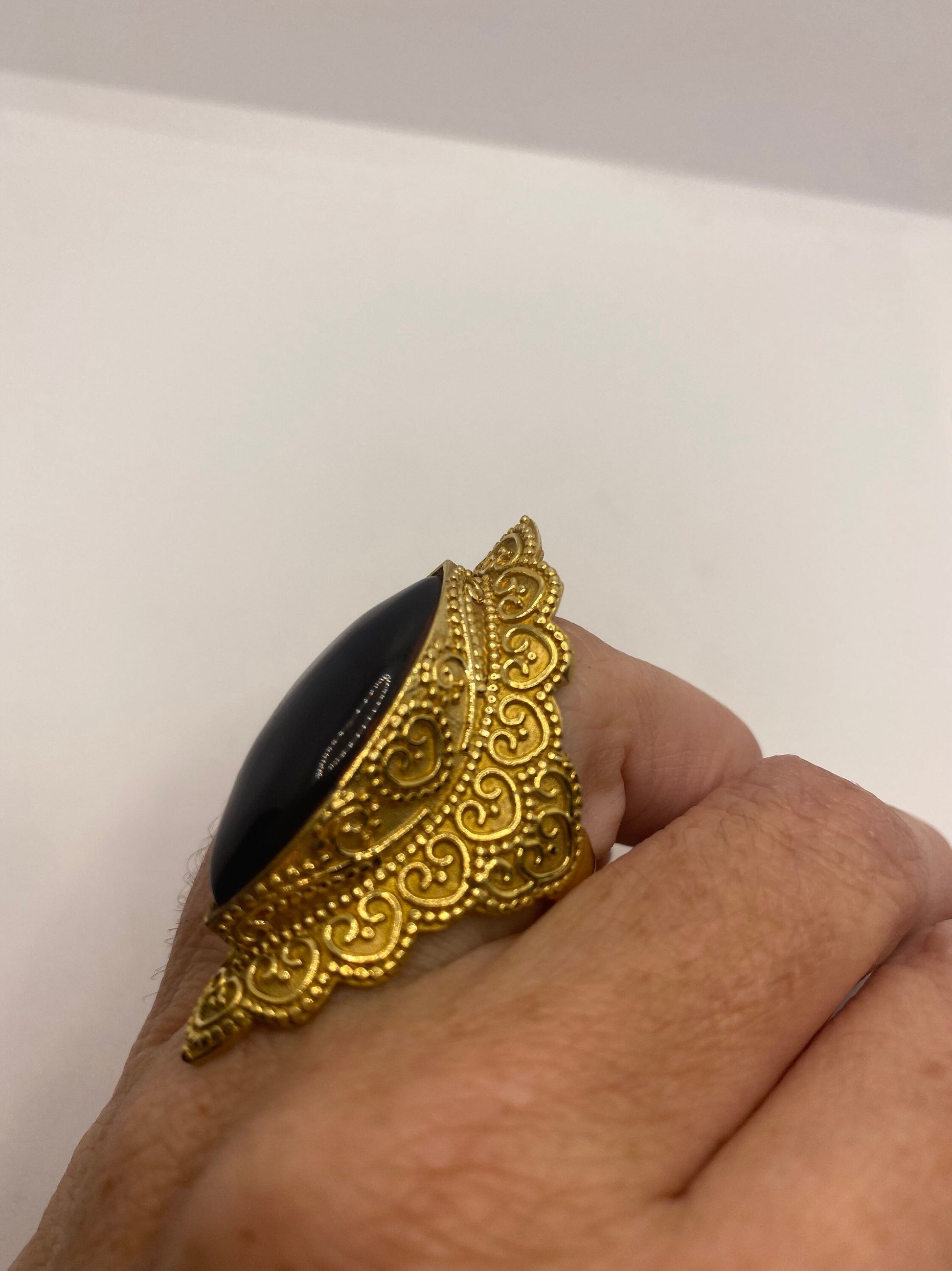 Vintage Large Smoky Topaz Stone Brass Ring