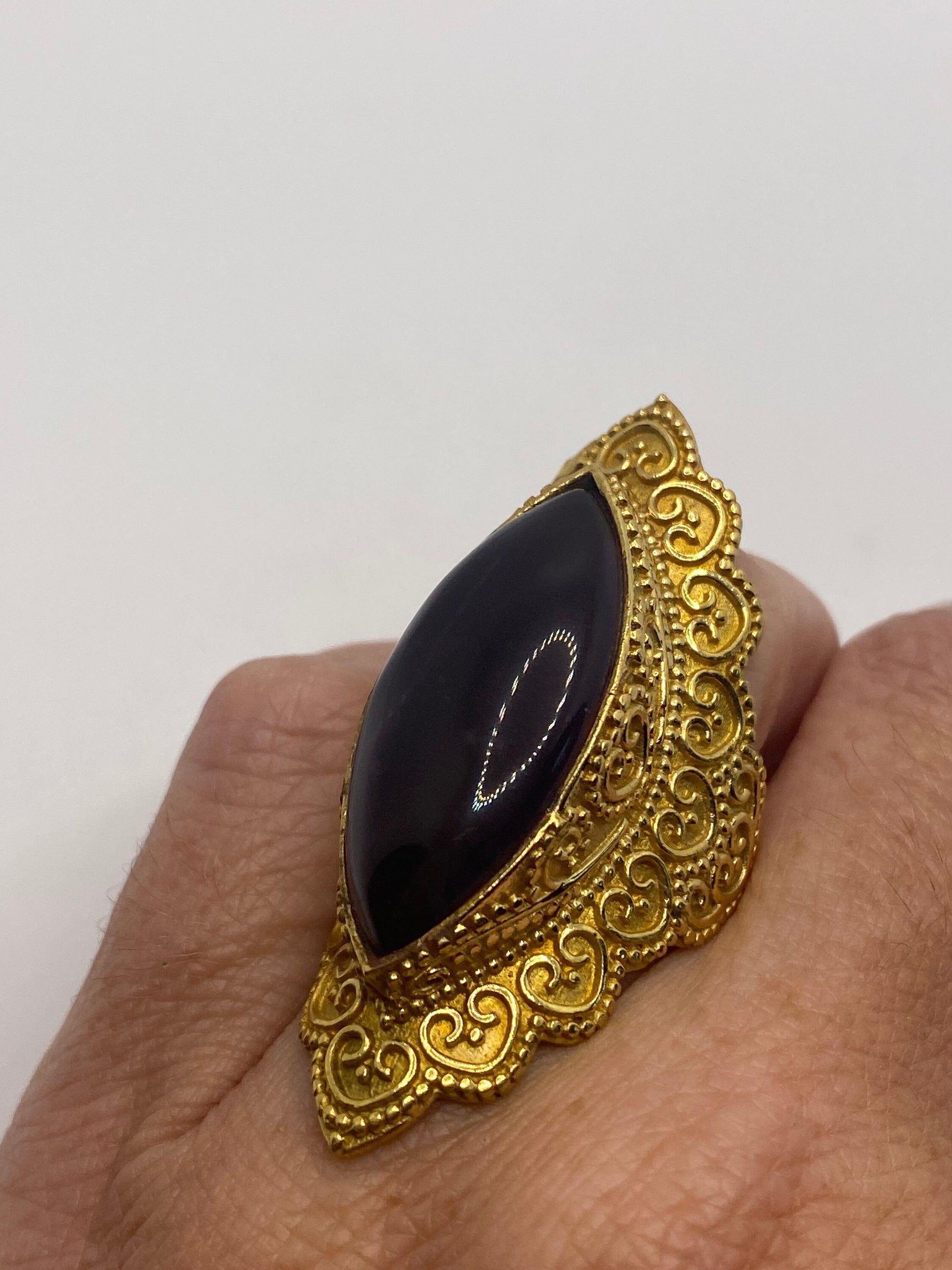 Vintage Large Smoky Topaz Stone Brass Ring