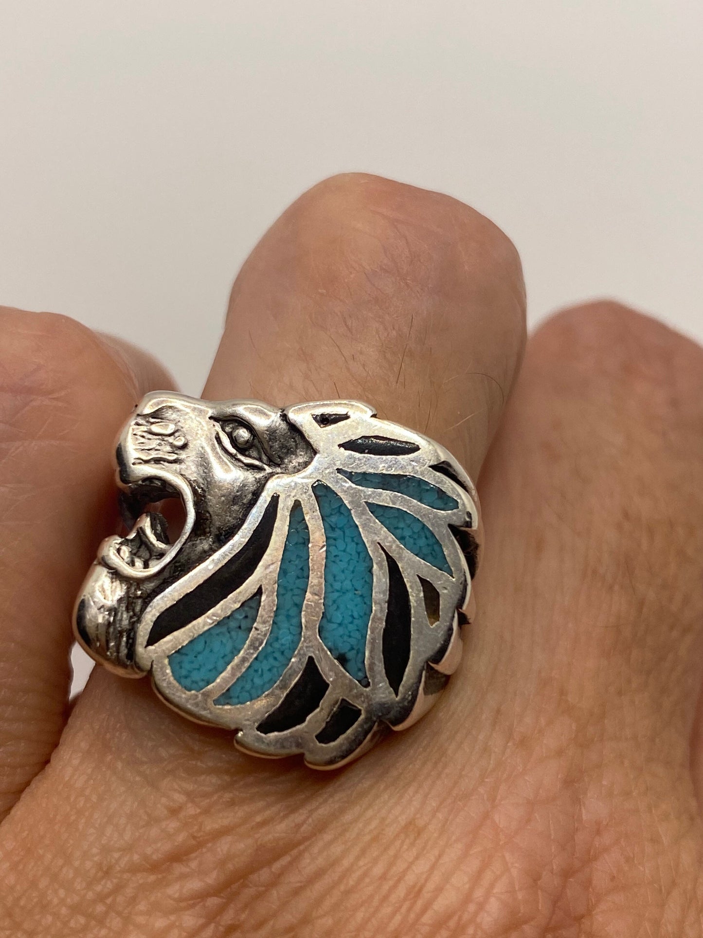 Vintage Silver White Bronze Inlay Turquoise Leo Lion Head Mens Ring