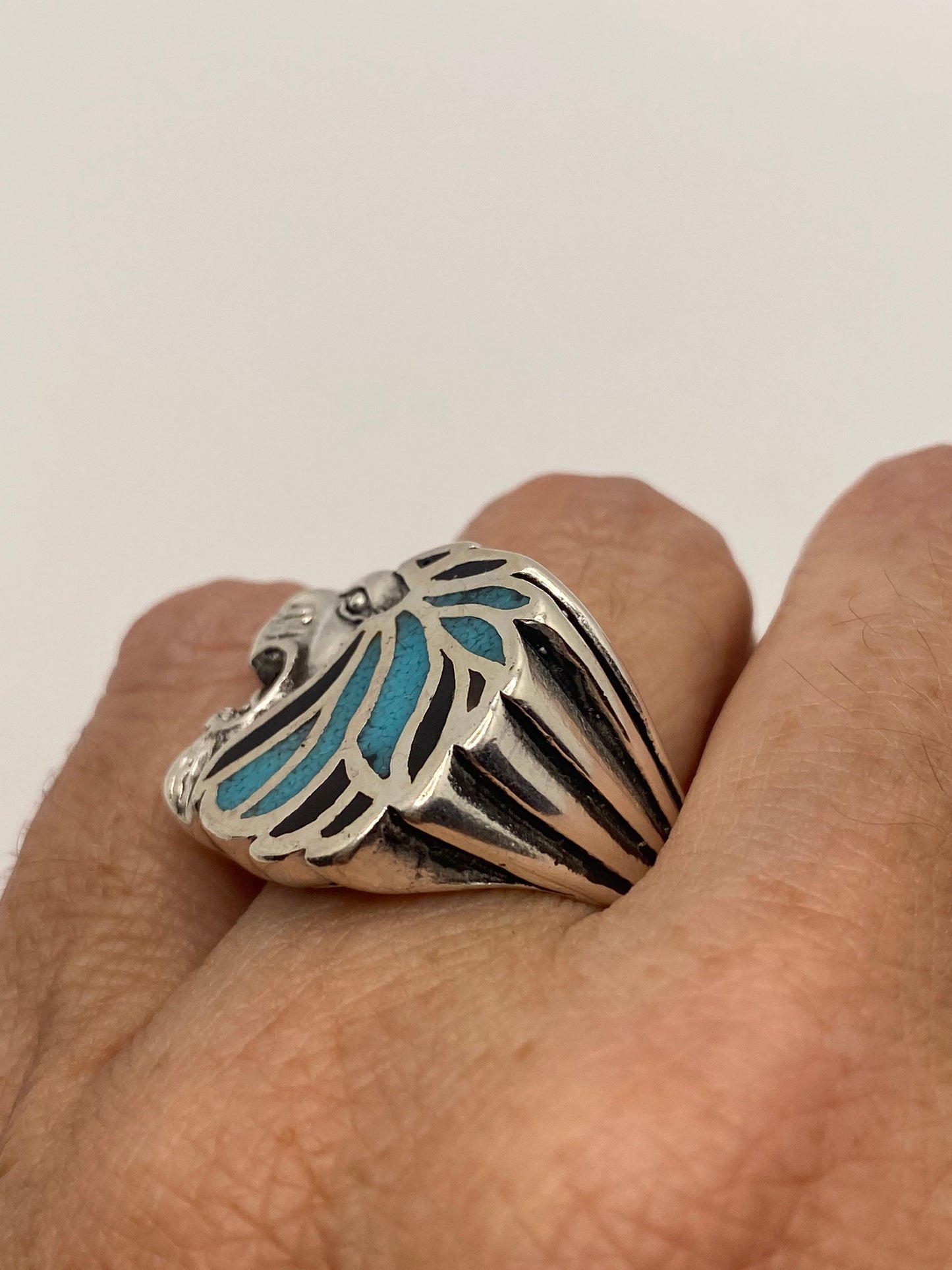 Vintage Silver White Bronze Inlay Turquoise Leo Lion Head Mens Ring