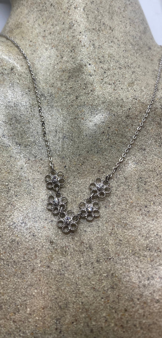 Vintage 925 Sterling Silver White Sapphire Flower 16 inch necklace