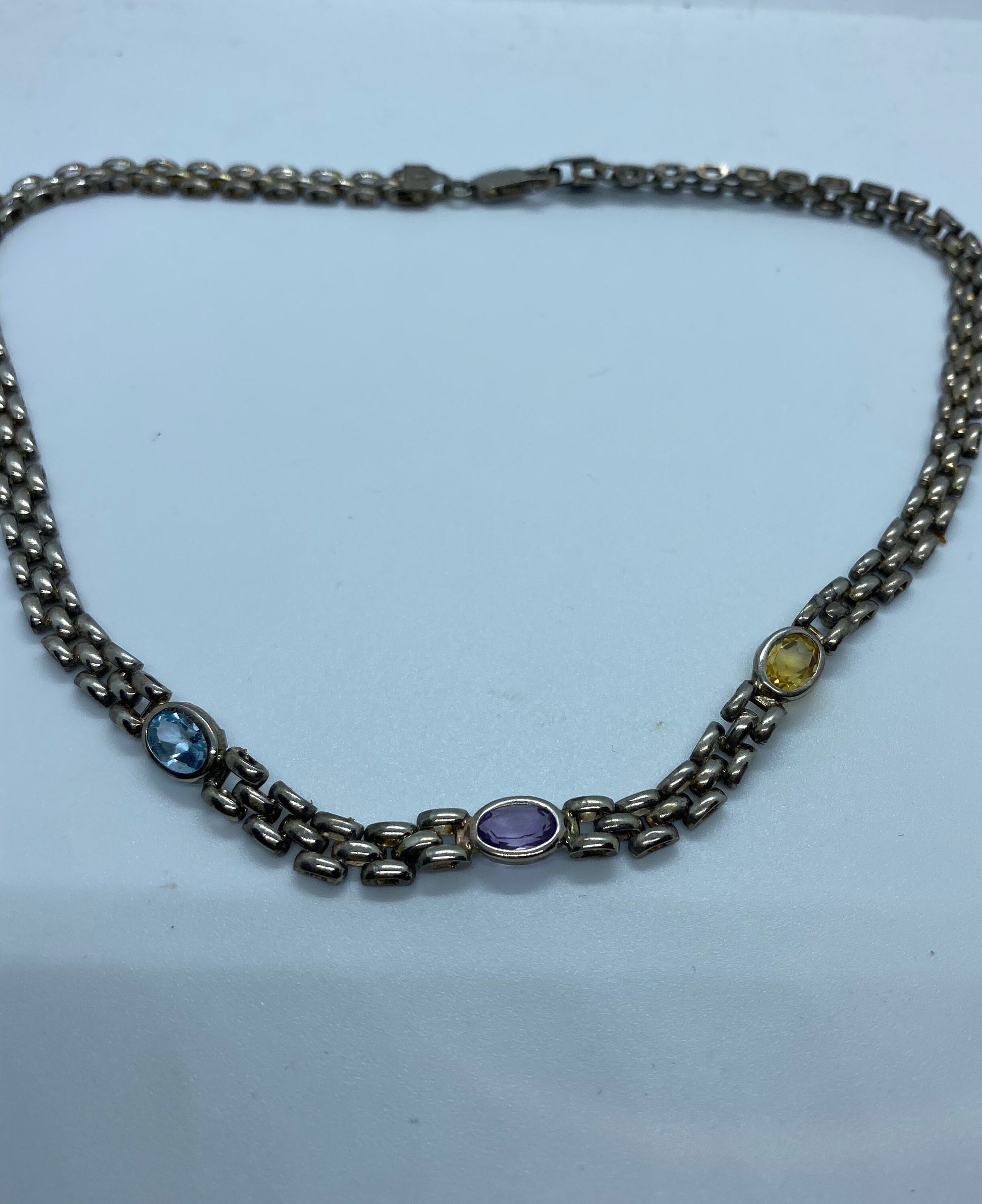 Vintage 925 Sterling Silver Purple Amethyst Citrine and Blue Topaz Pendant 15 inch necklace