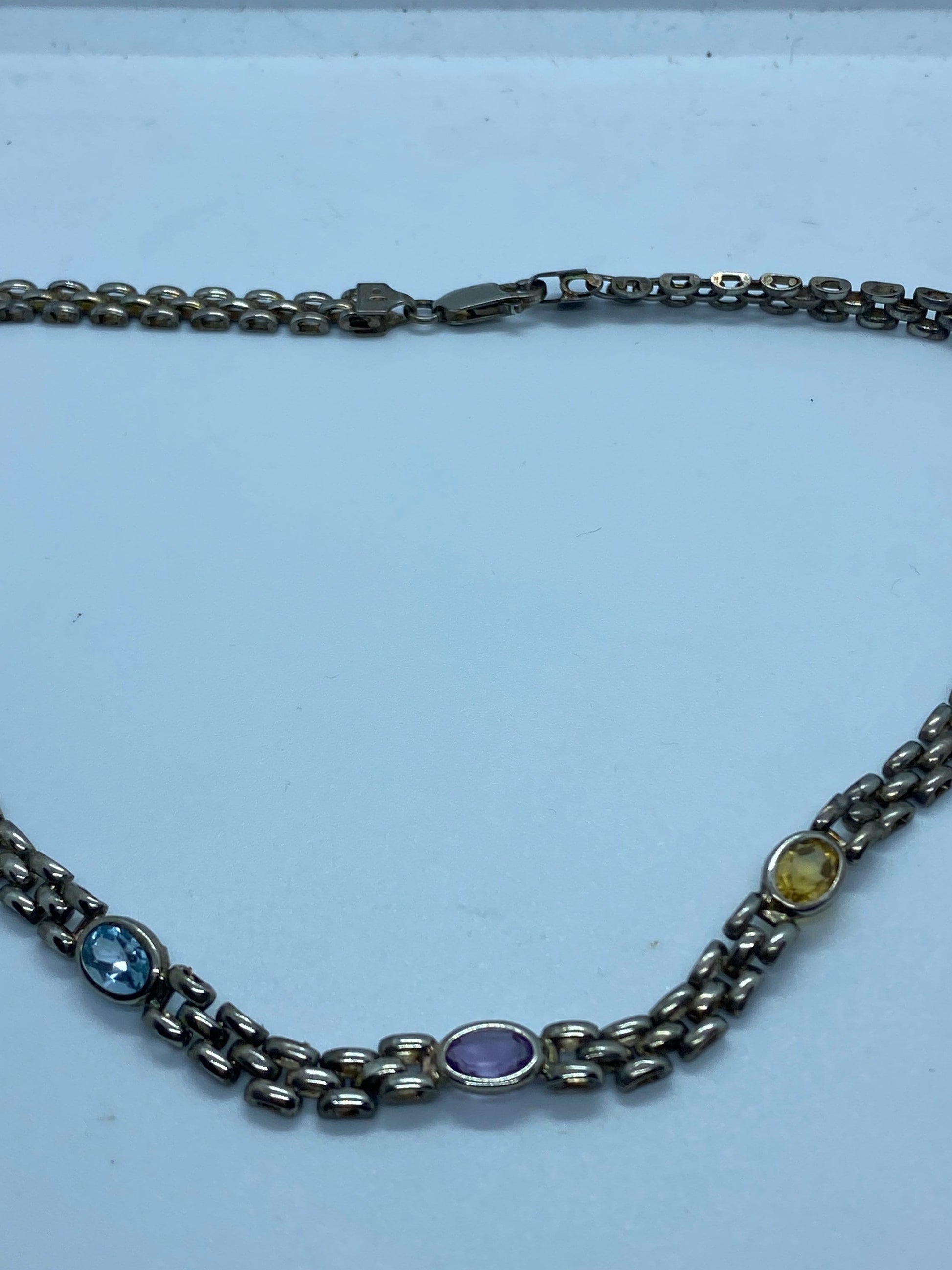 Vintage 925 Sterling Silver Purple Amethyst Citrine and Blue Topaz Pendant 15 inch necklace
