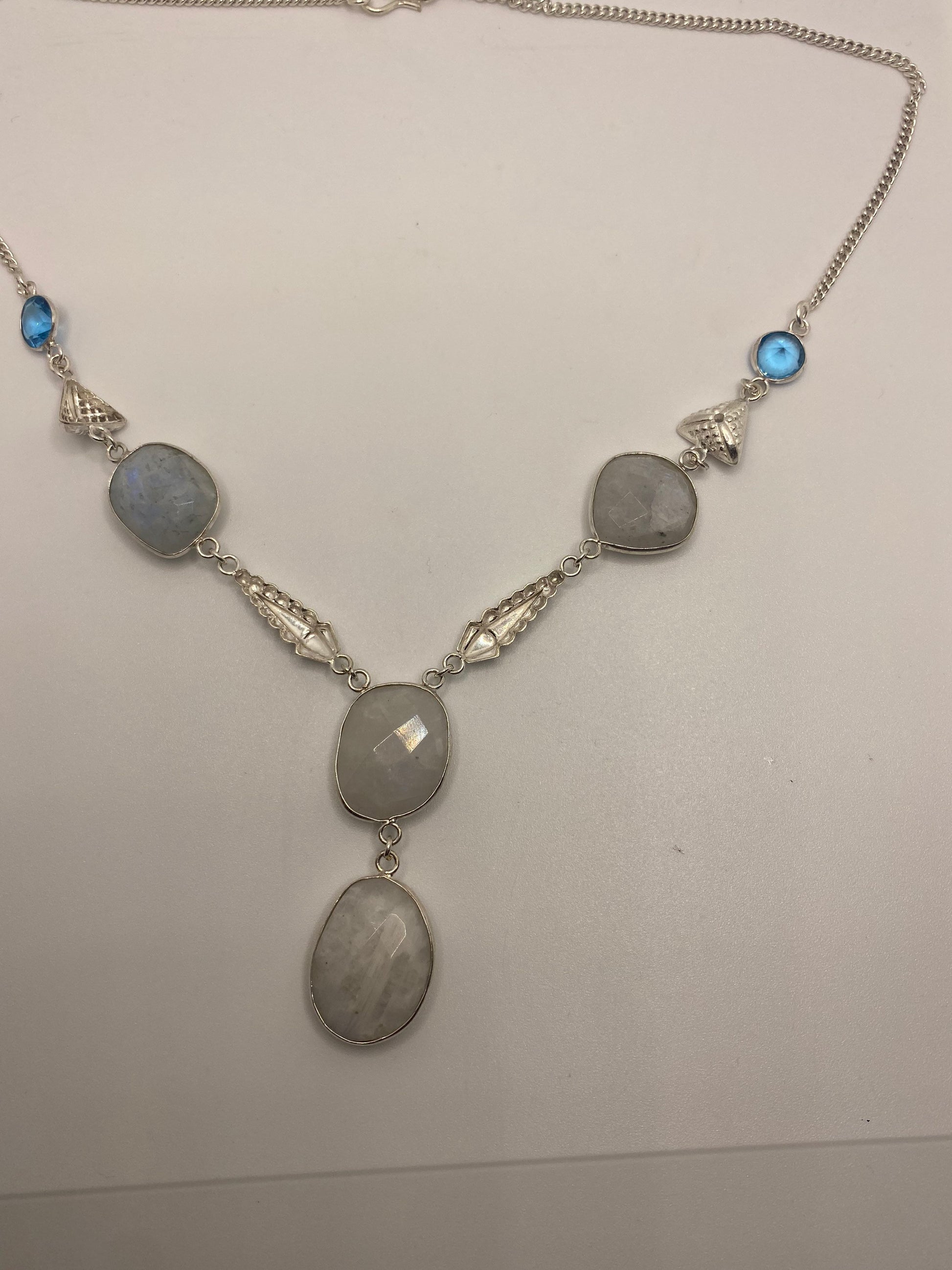 Vintage Rainbow Moonstone Silver White Bronze Necklace